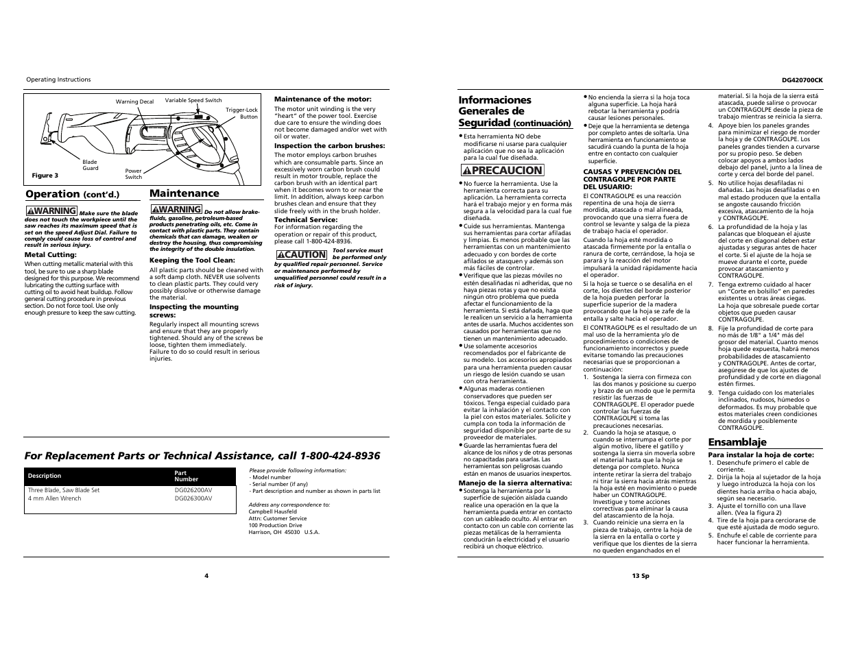 Precaucion, Maintenance, Ensamblaje | Informaciones generales de seguridad, Operation | Campbell Hausfeld DG420700CK User Manual | Page 4 / 8