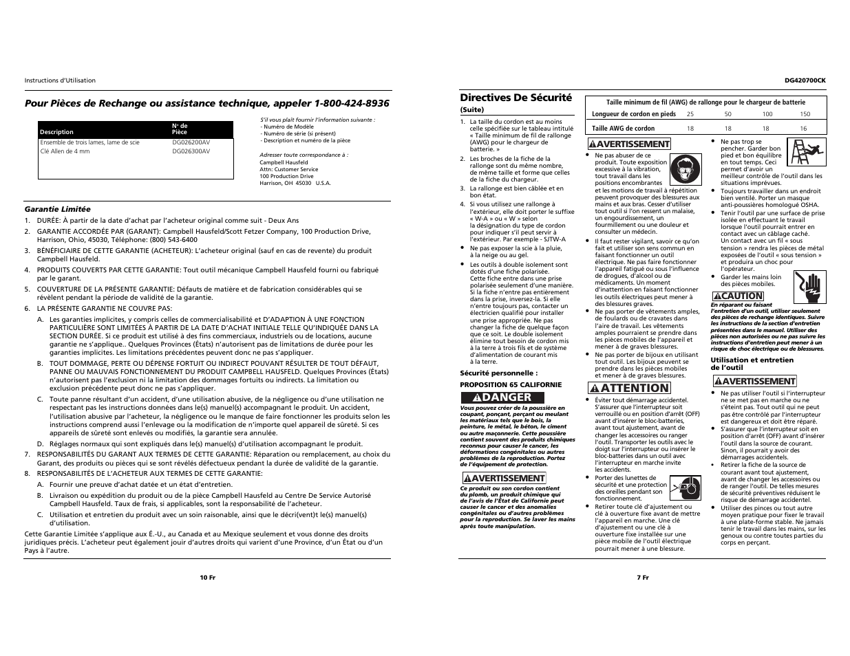 Attention, Danger, Directives de sécurité | Campbell Hausfeld DG420700CK User Manual | Page 7 / 8