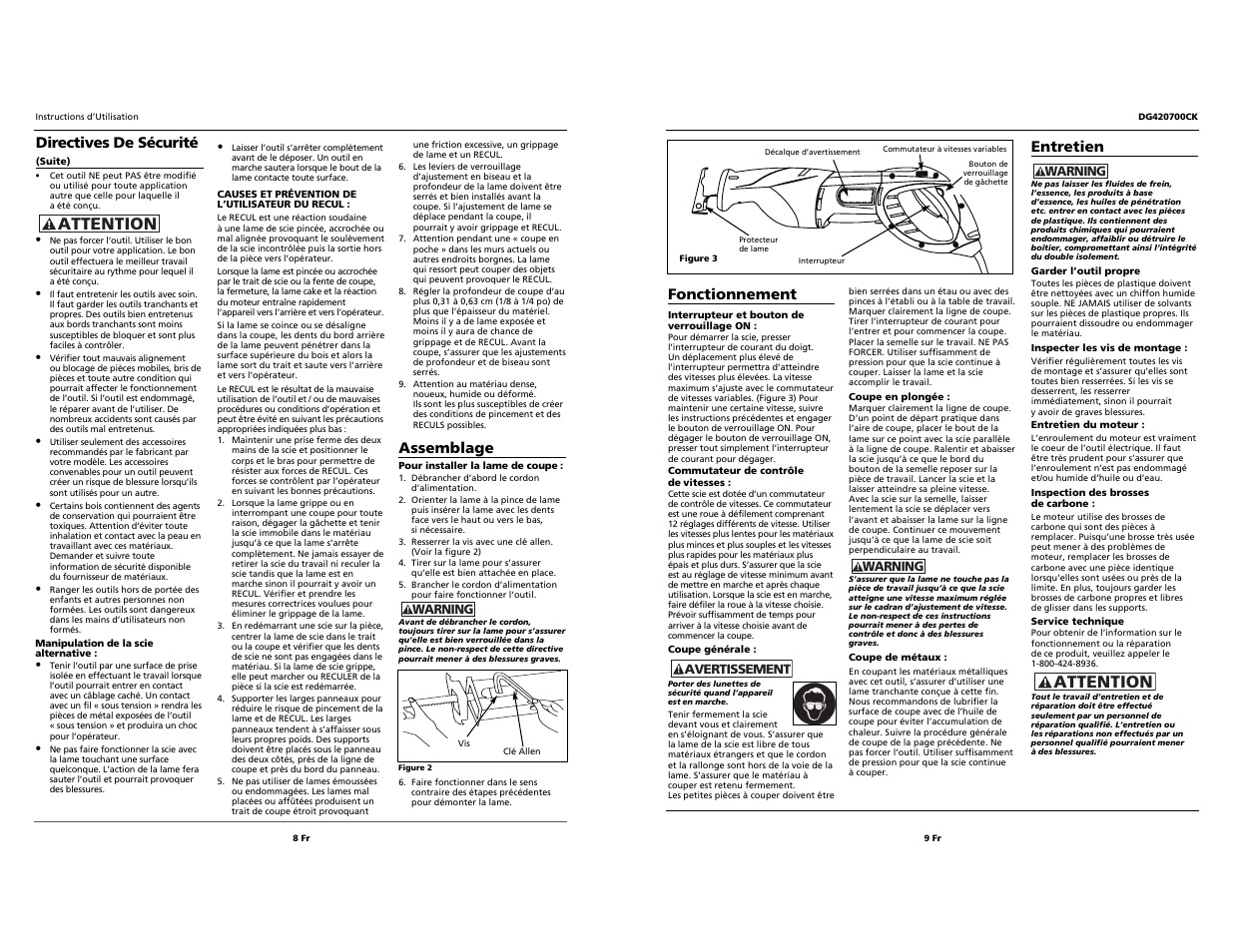 Attention, Fonctionnement, Entretien | Assemblage, Directives de sécurité | Campbell Hausfeld DG420700CK User Manual | Page 8 / 8
