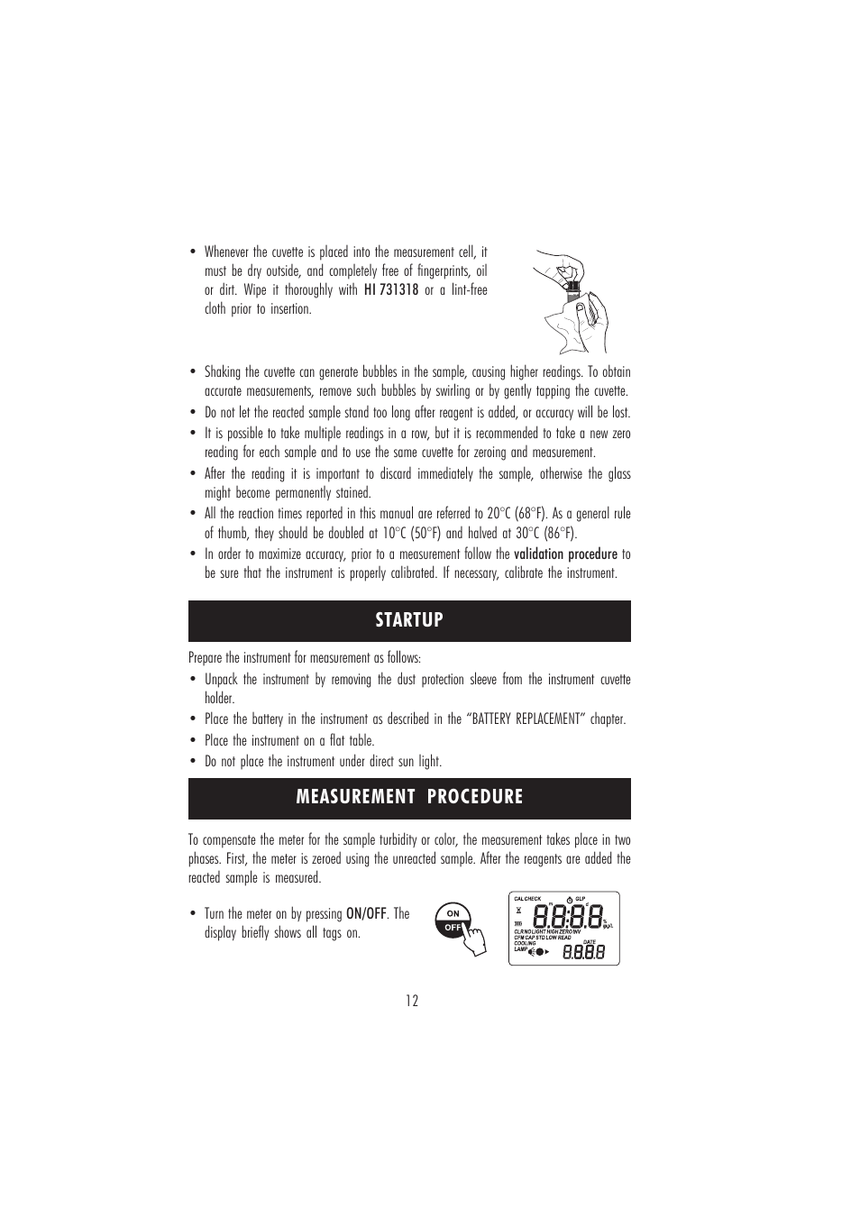 Measurement procedure, Startup | Hanna Instruments HI 96721C User Manual | Page 12 / 24