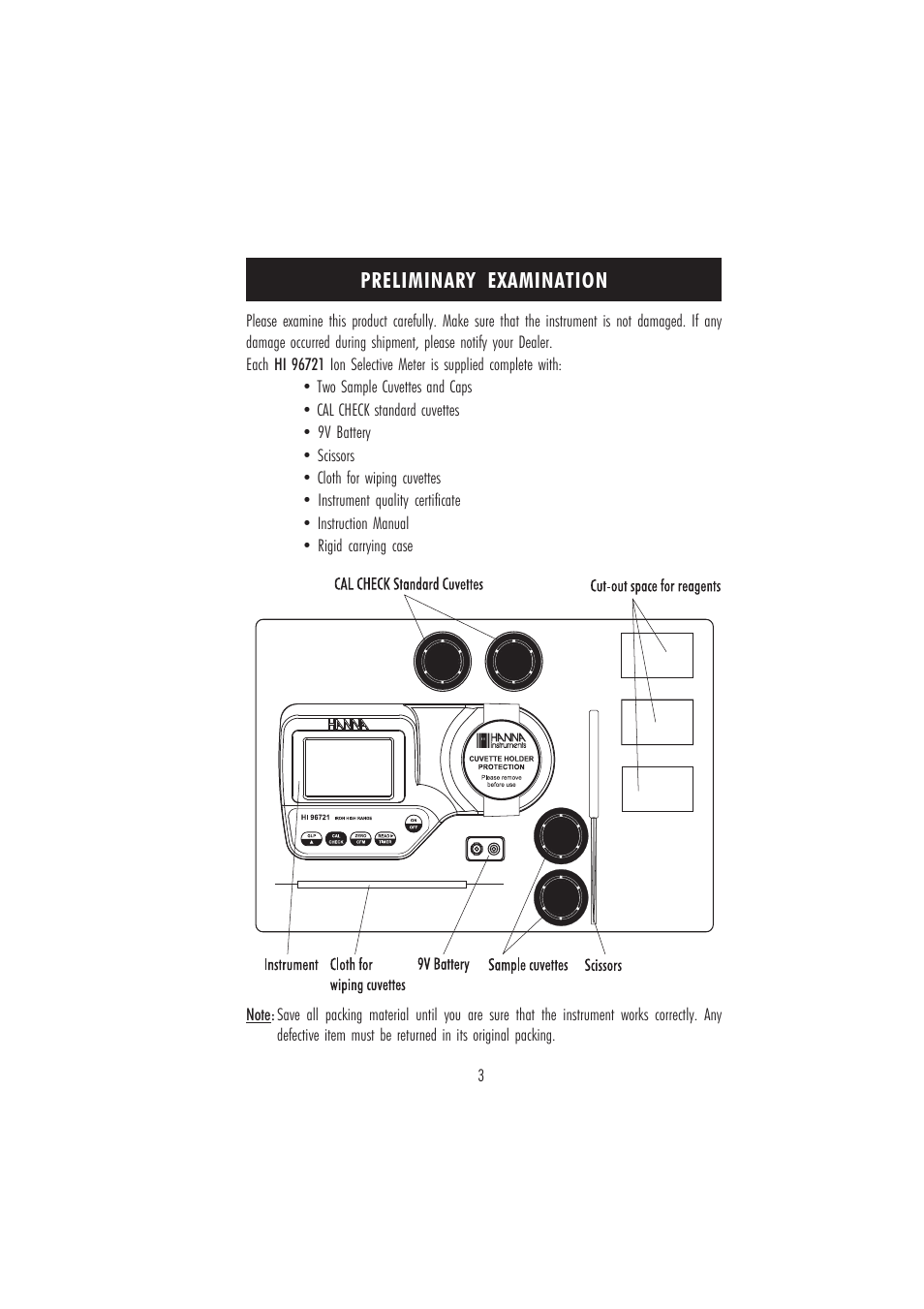 Preliminary examination | Hanna Instruments HI 96721 User Manual | Page 3 / 24