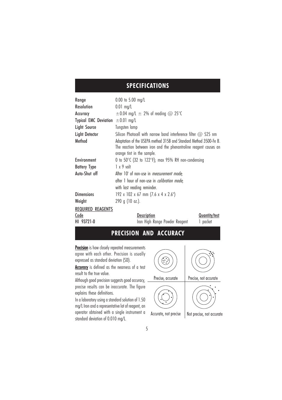 Specifications precision and accuracy | Hanna Instruments HI 96721 User Manual | Page 5 / 24