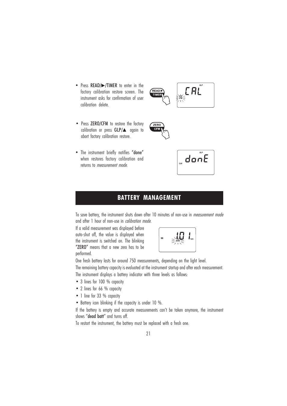 Battery management | Hanna Instruments HI 96719 User Manual | Page 21 / 24