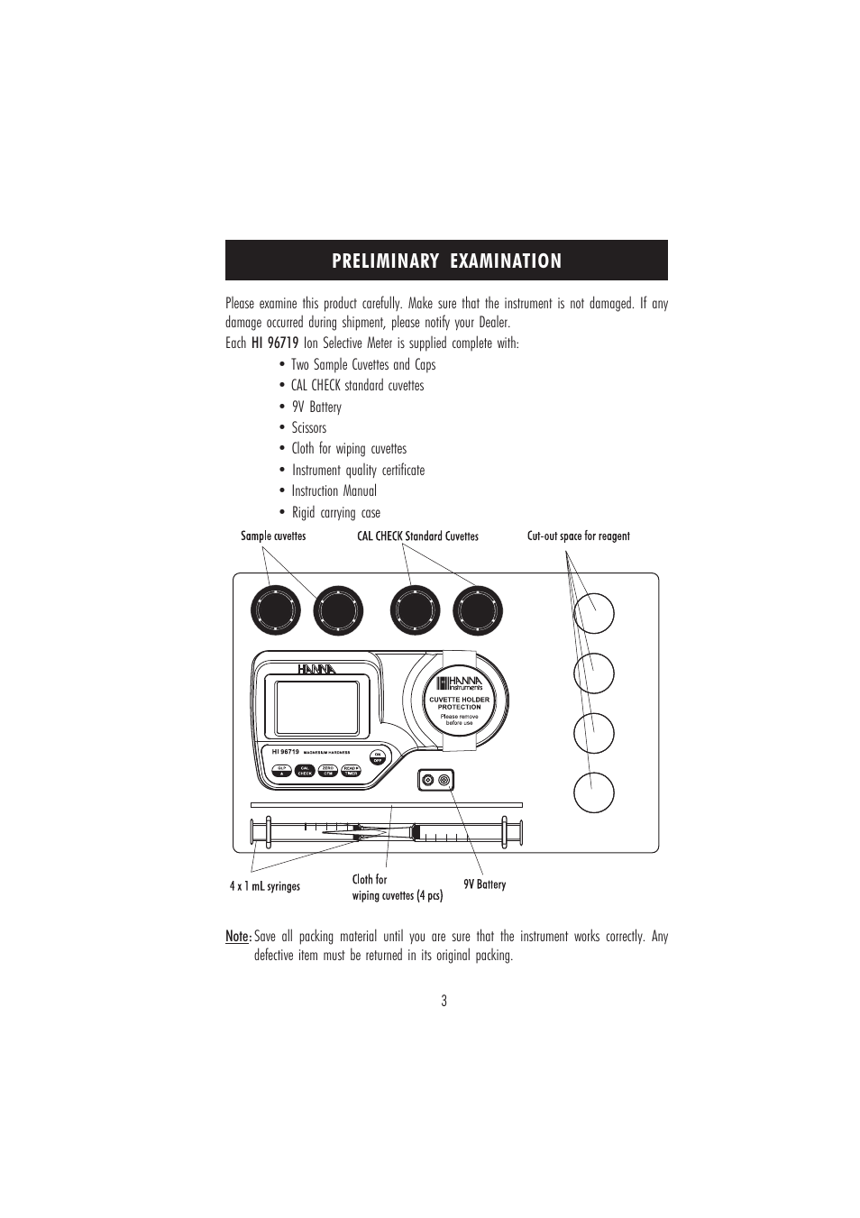 Preliminary examination | Hanna Instruments HI 96719 User Manual | Page 3 / 24