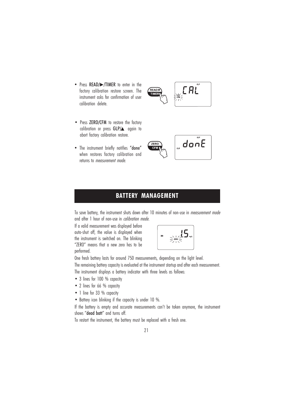 Battery management | Hanna Instruments HI 96718 User Manual | Page 21 / 24