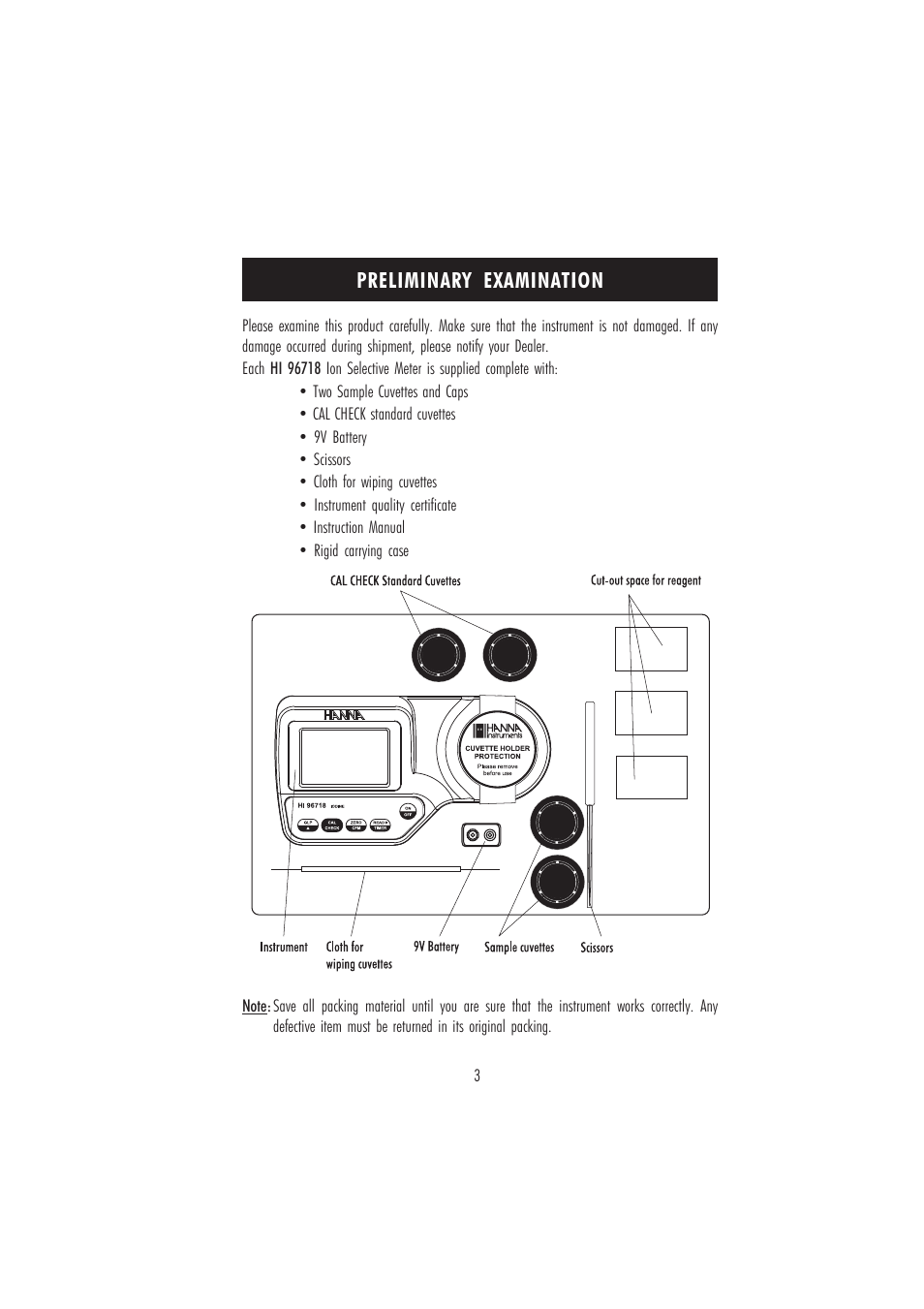 Preliminary examination | Hanna Instruments HI 96718 User Manual | Page 3 / 24