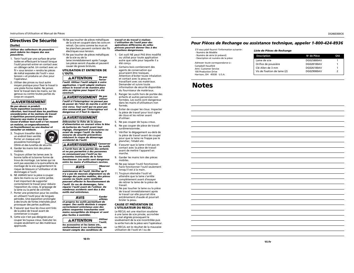 Directives de sécurité | Campbell Hausfeld DG460300CK S User Manual | Page 10 / 12