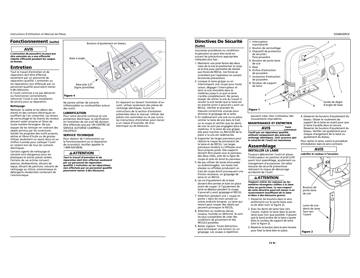 Assemblage, Directives de sécurité, Entretien | Fonctionnement | Campbell Hausfeld DG460300CK S User Manual | Page 11 / 12