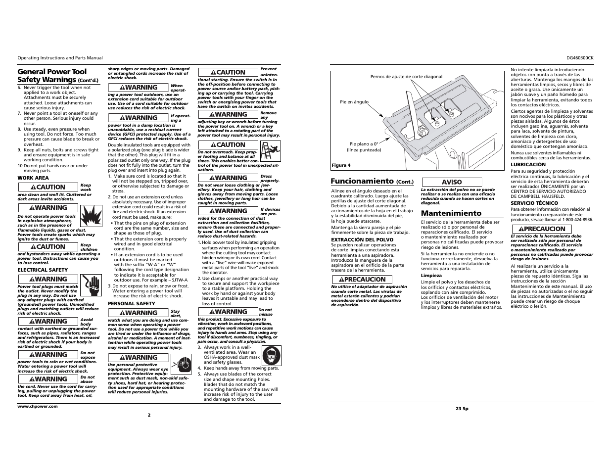 Mantenimiento, General power tool safety warnings, Funcionamiento | Campbell Hausfeld DG460300CK S User Manual | Page 2 / 12