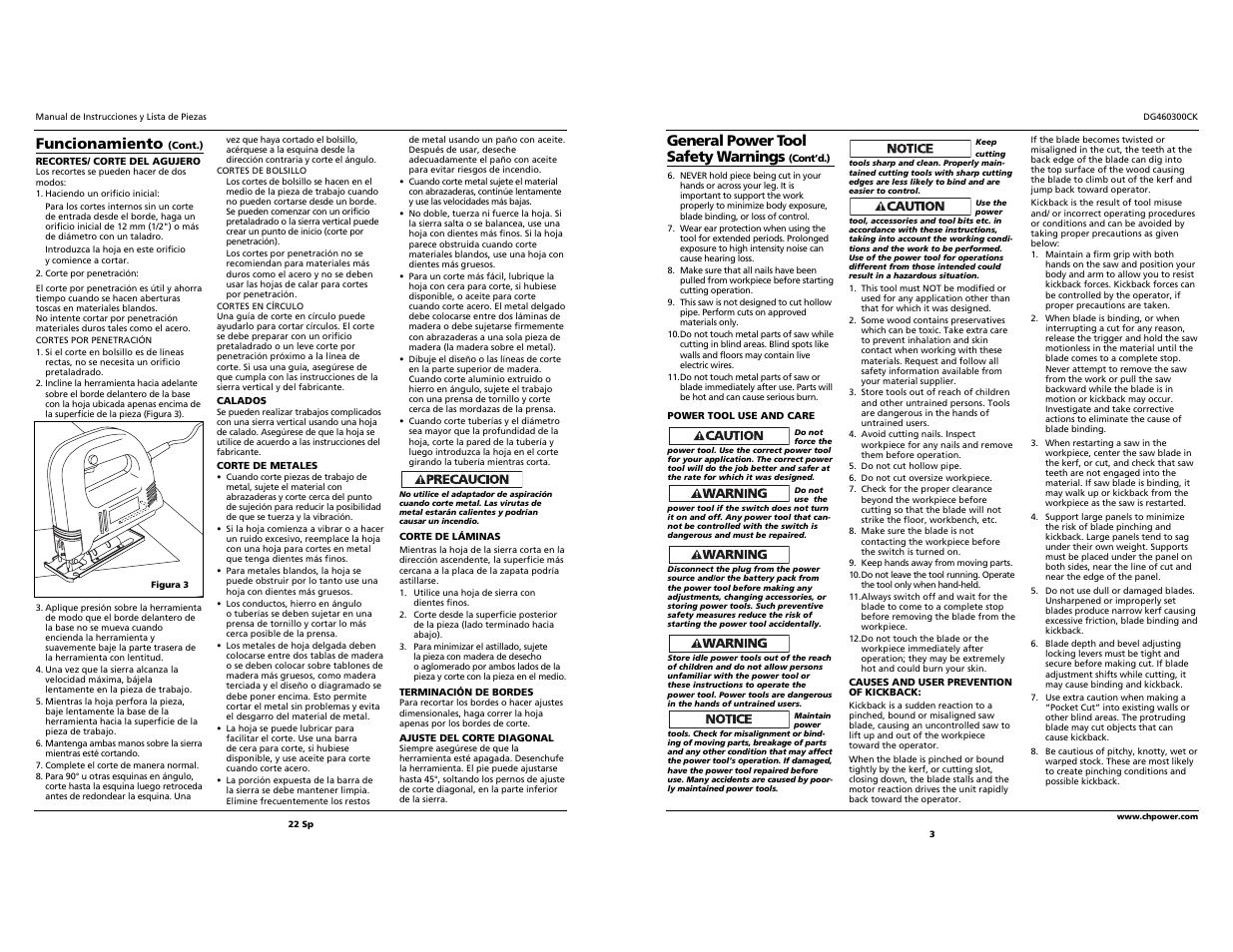 Funcionamiento, General power tool safety warnings | Campbell Hausfeld DG460300CK S User Manual | Page 3 / 12