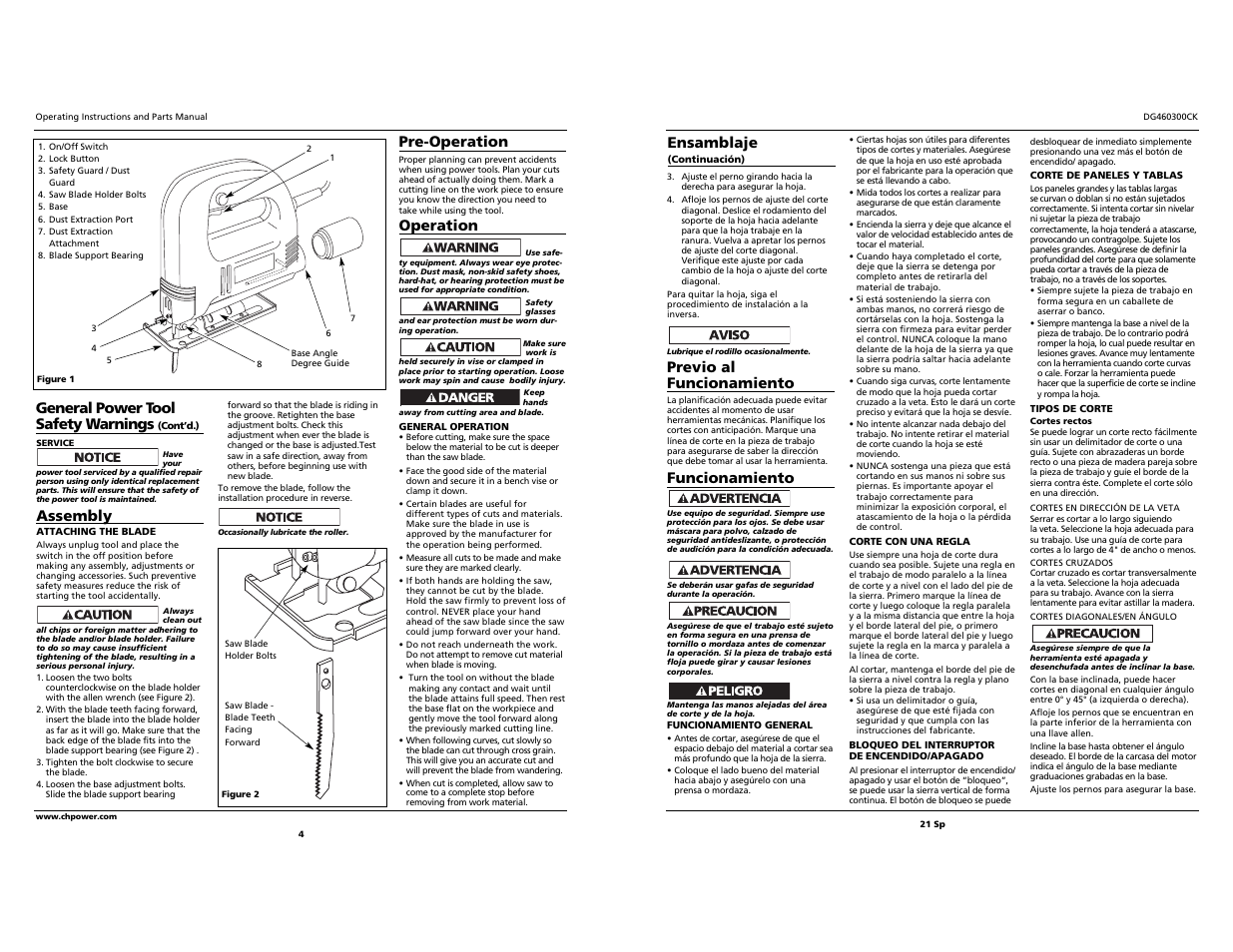 Previo al funcionamiento, Funcionamiento, Ensamblaje | Assembly, Pre-operation, Operation, General power tool safety warnings | Campbell Hausfeld DG460300CK S User Manual | Page 4 / 12