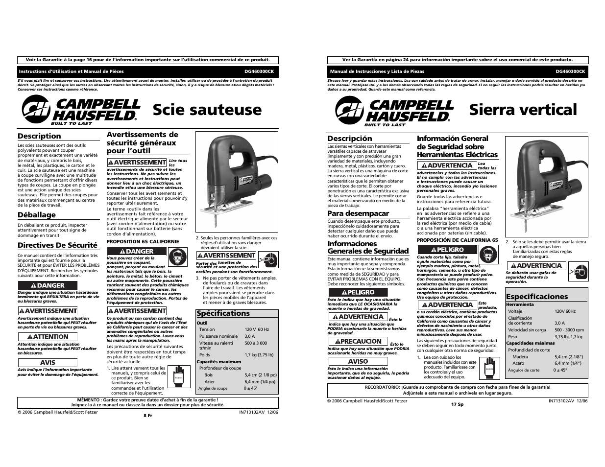 Sierra vertical, Scie sauteuse, Descripción | Para desempacar, Informaciones generales de seguridad, Especificaciones, Description, Déballage, Directives de sécurité, Avertissements de sécurité généraux pour l’outil | Campbell Hausfeld DG460300CK S User Manual | Page 8 / 12