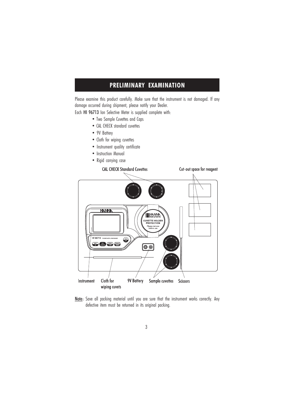 Preliminary examination | Hanna Instruments HI 96713 User Manual | Page 3 / 24