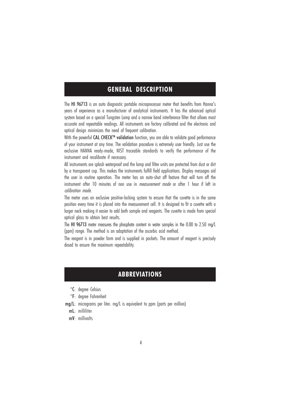 General description abbreviations | Hanna Instruments HI 96713 User Manual | Page 4 / 24