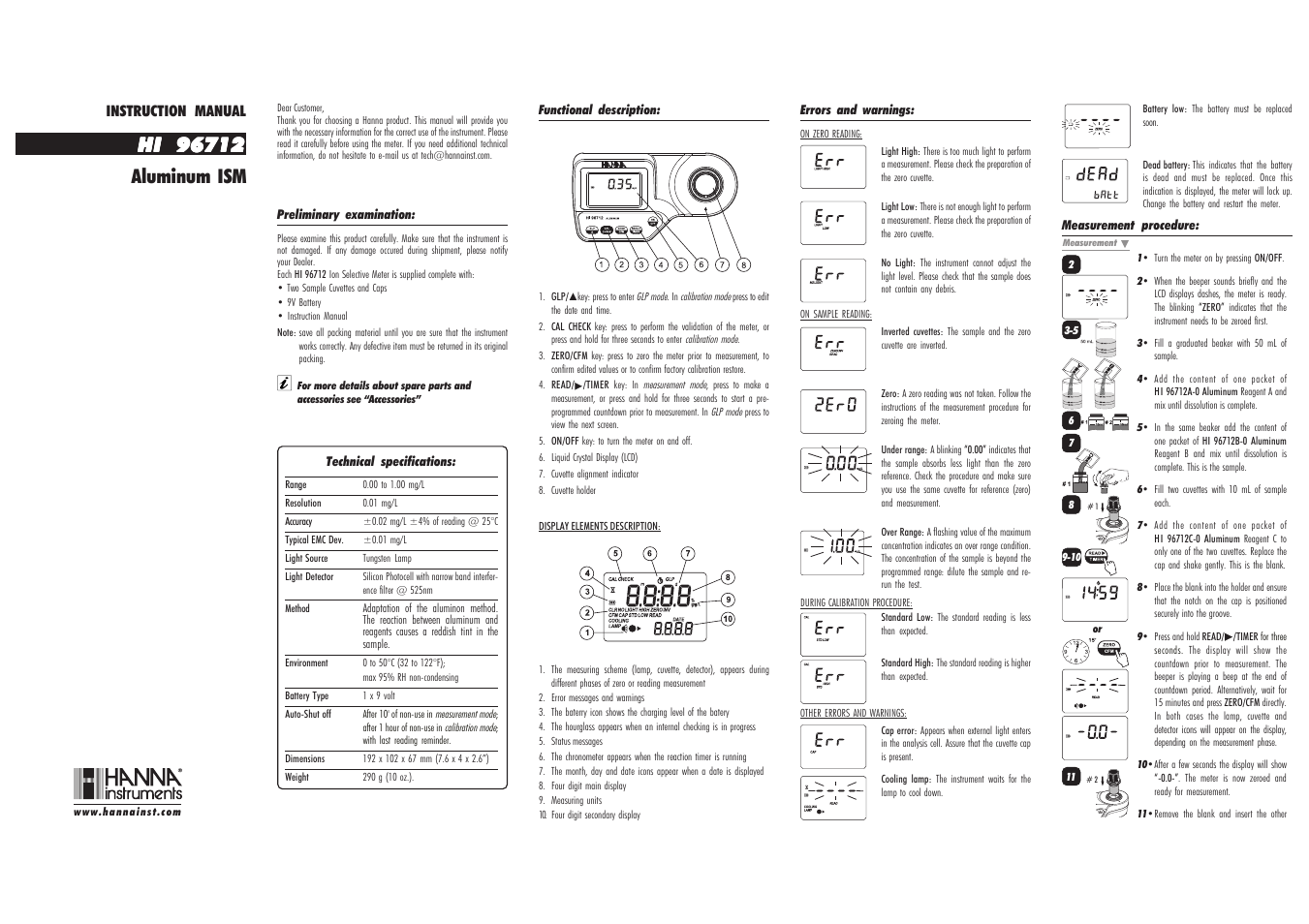 Hanna Instruments HI 96712 User Manual | 2 pages