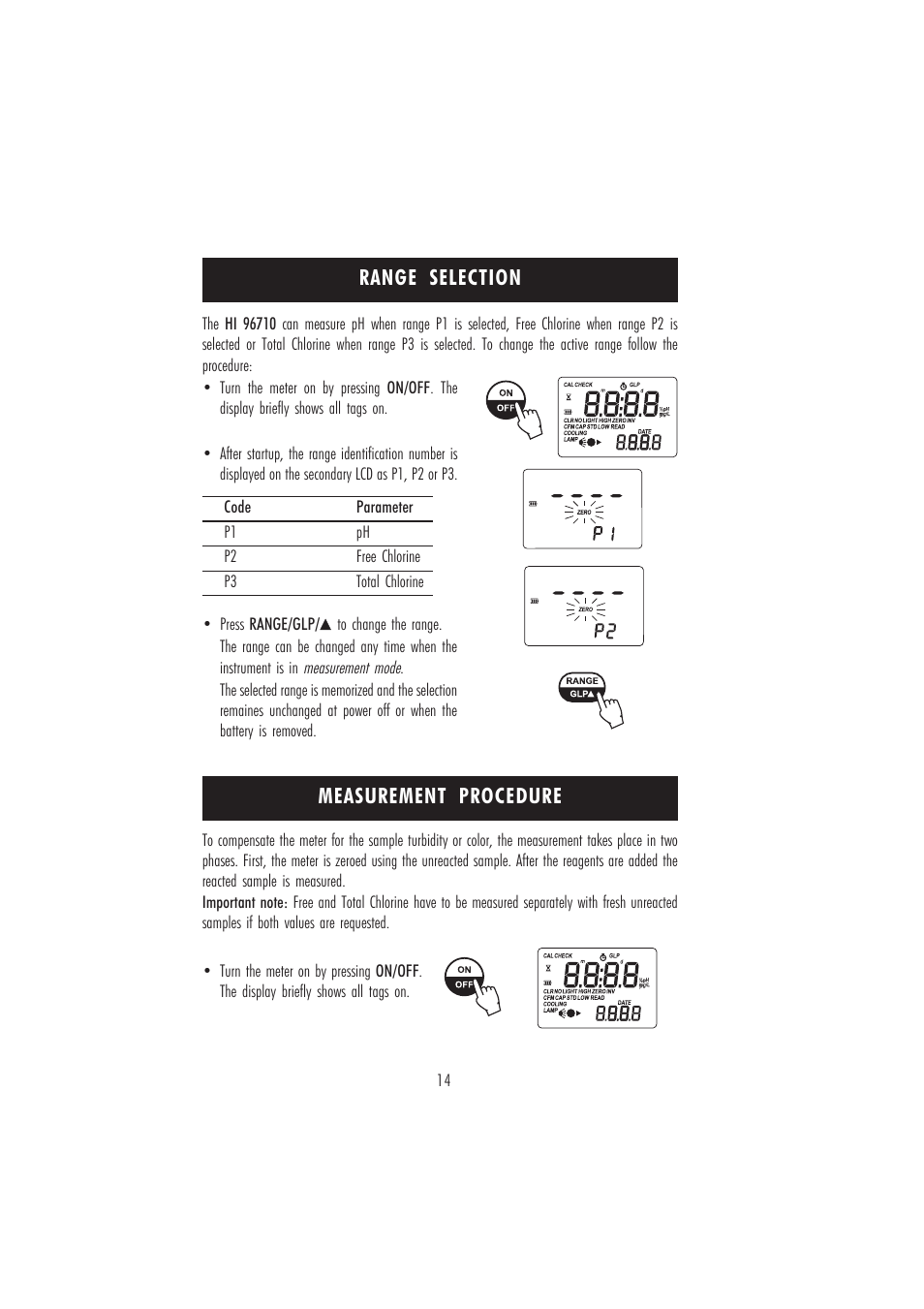 Measurement procedure, Range selection | Hanna Instruments HI 96710 User Manual | Page 14 / 28