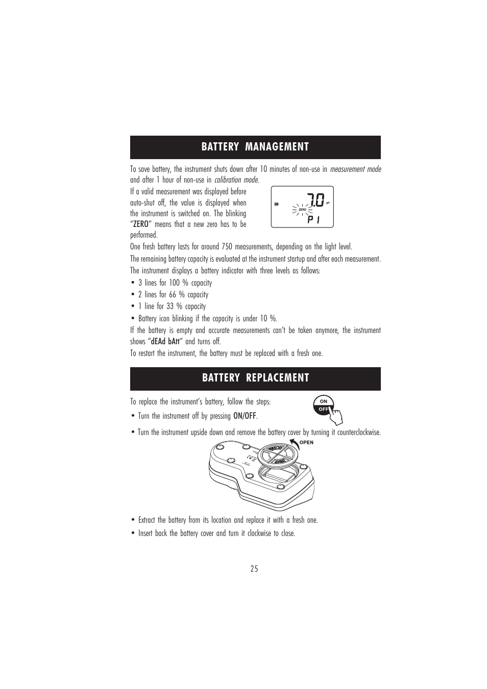 Battery replacement battery management | Hanna Instruments HI 96710 User Manual | Page 25 / 28