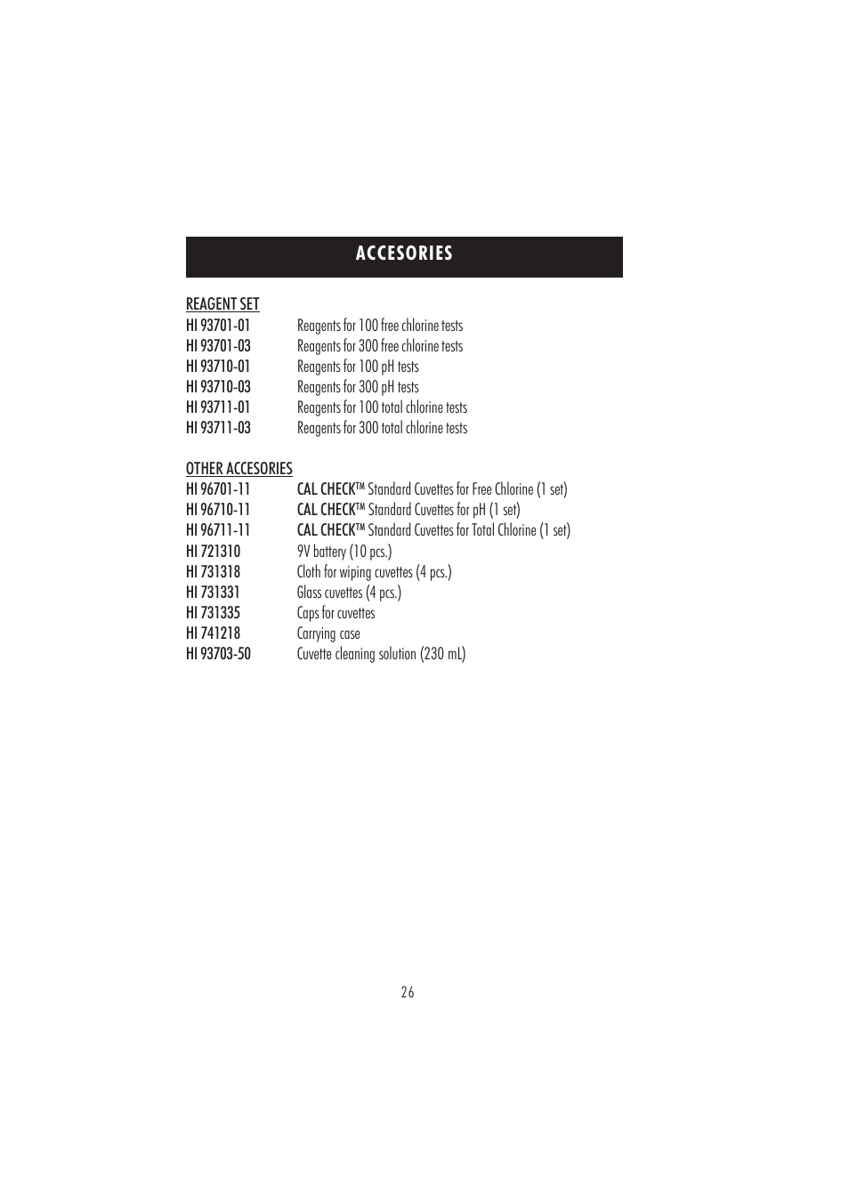 Accesories | Hanna Instruments HI 96710 User Manual | Page 26 / 28