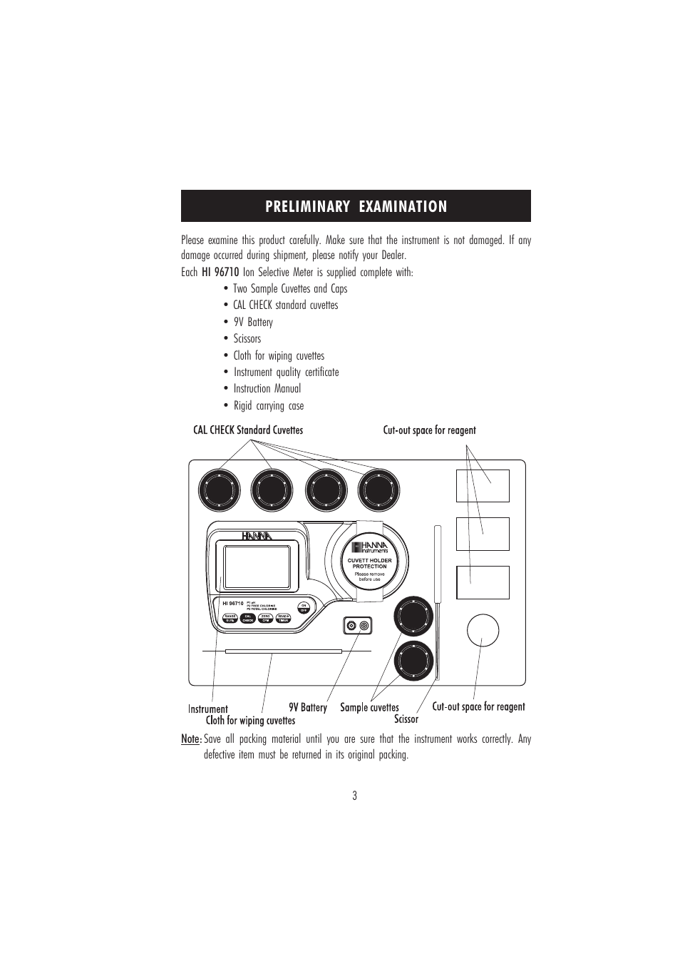 Preliminary examination | Hanna Instruments HI 96710 User Manual | Page 3 / 28