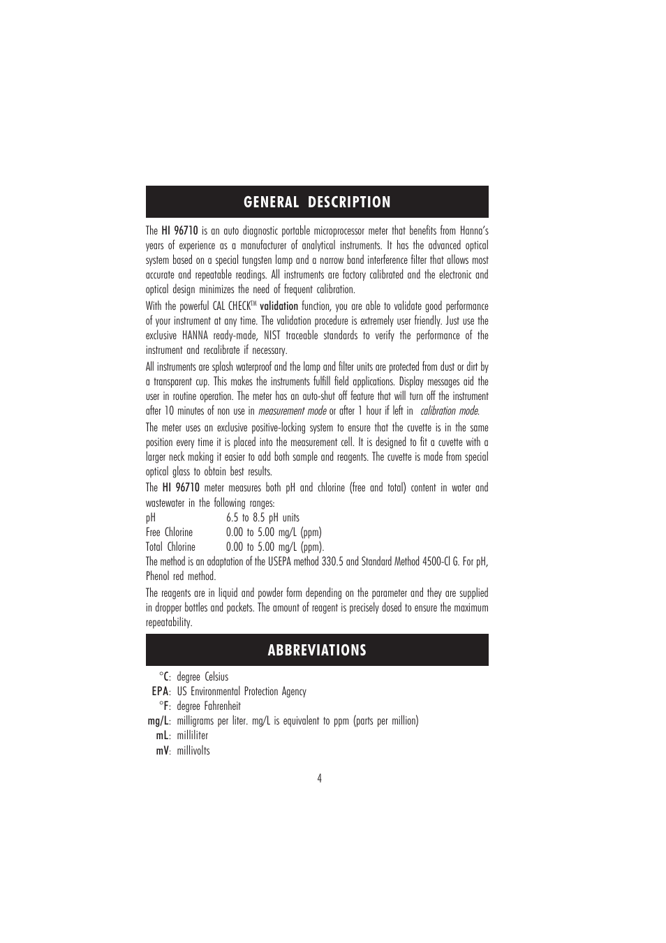 General description abbreviations | Hanna Instruments HI 96710 User Manual | Page 4 / 28
