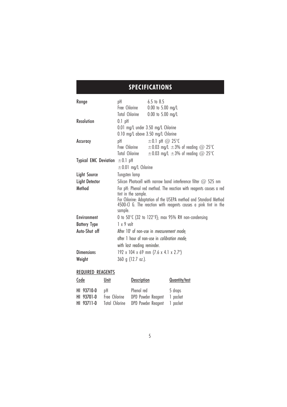Specifications | Hanna Instruments HI 96710 User Manual | Page 5 / 28