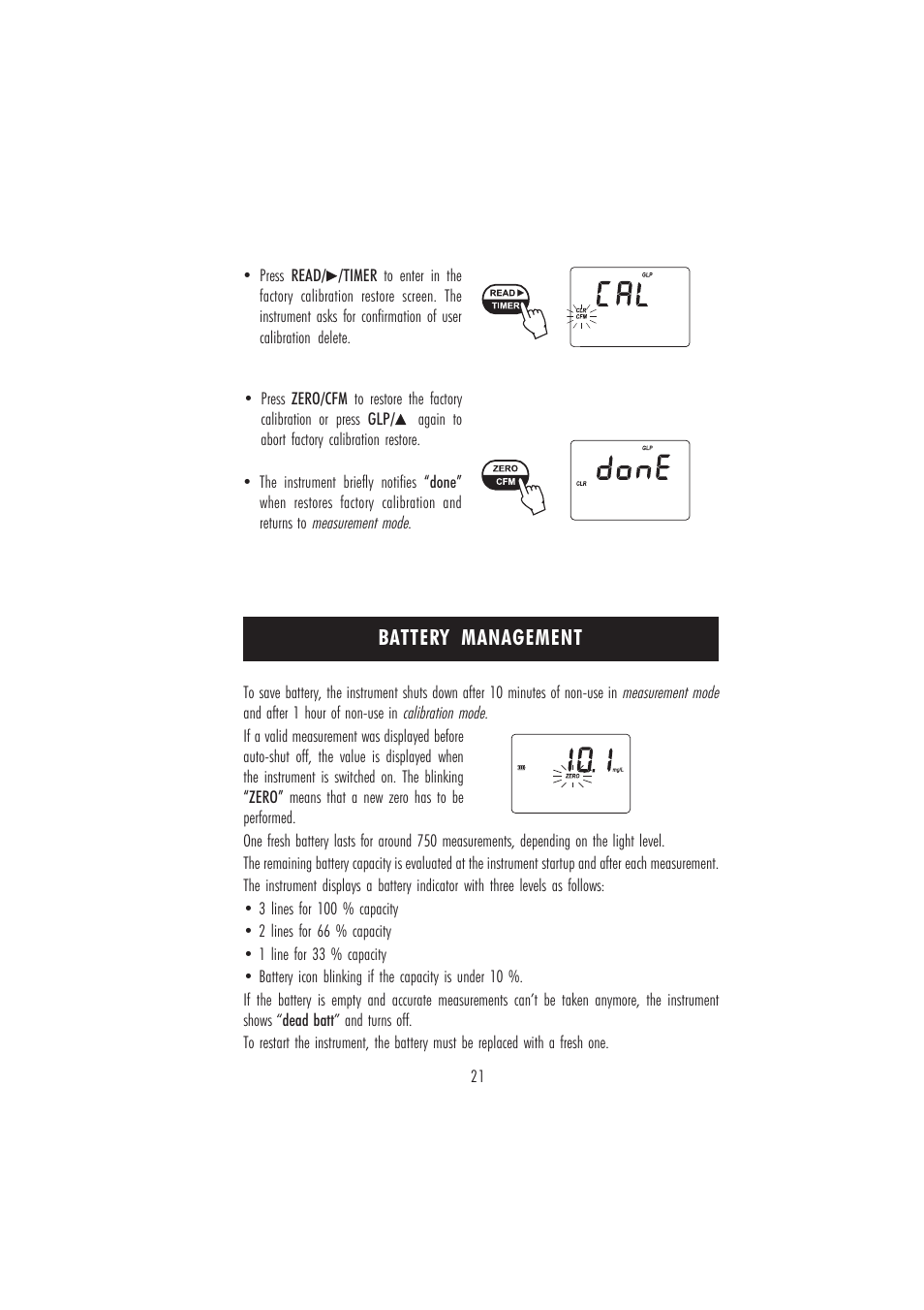 Battery management | Hanna Instruments HI 96709 User Manual | Page 21 / 24