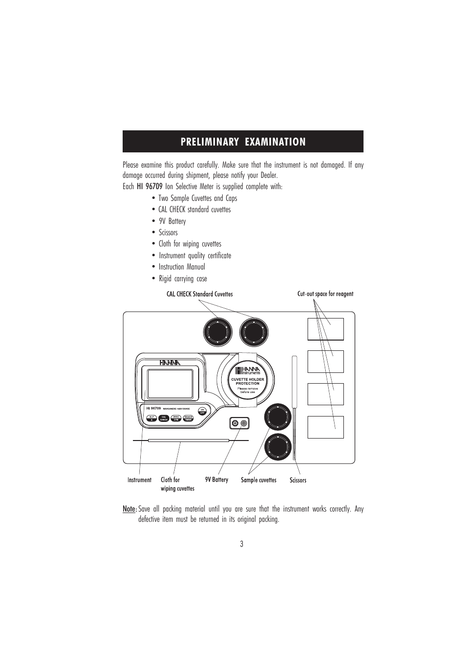 Preliminary examination | Hanna Instruments HI 96709 User Manual | Page 3 / 24