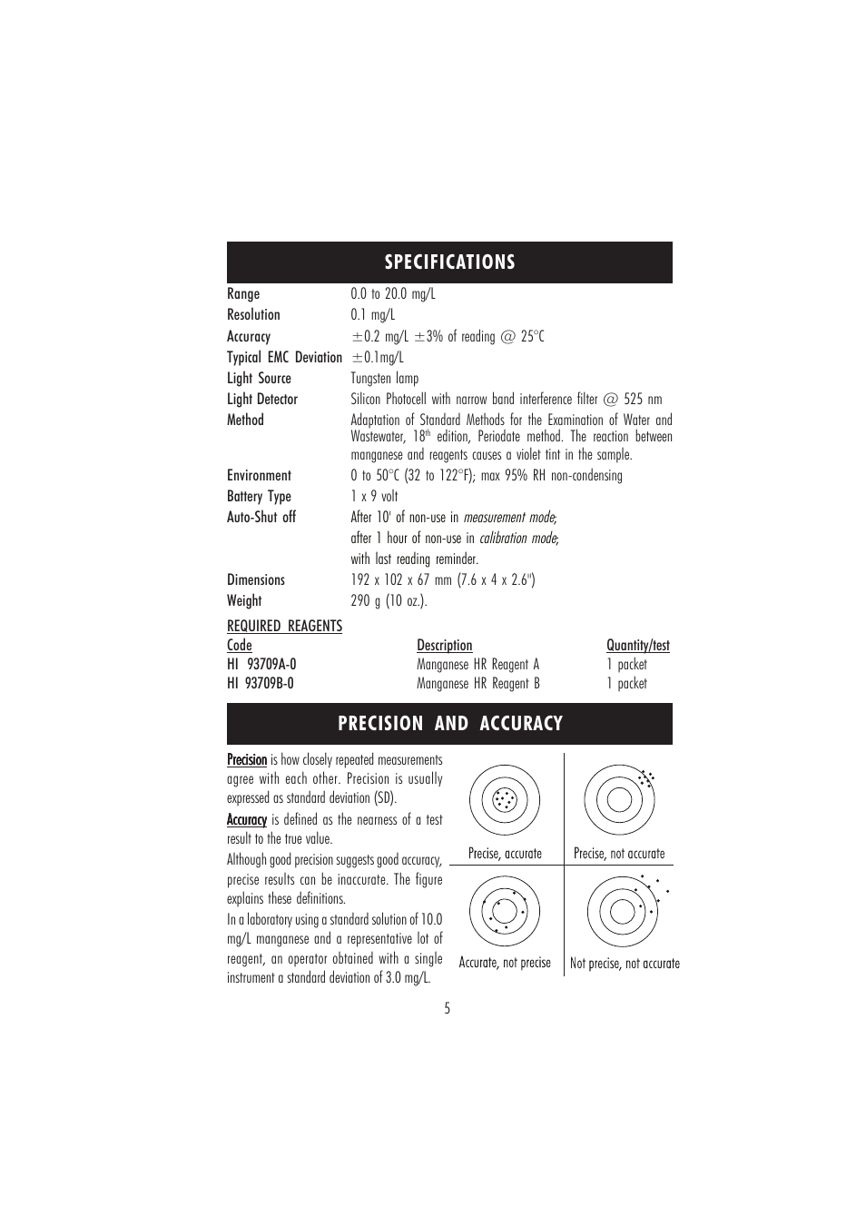 Specifications precision and accuracy | Hanna Instruments HI 96709 User Manual | Page 5 / 24
