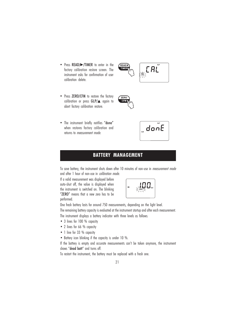 Battery management | Hanna Instruments HI 96708 User Manual | Page 21 / 24