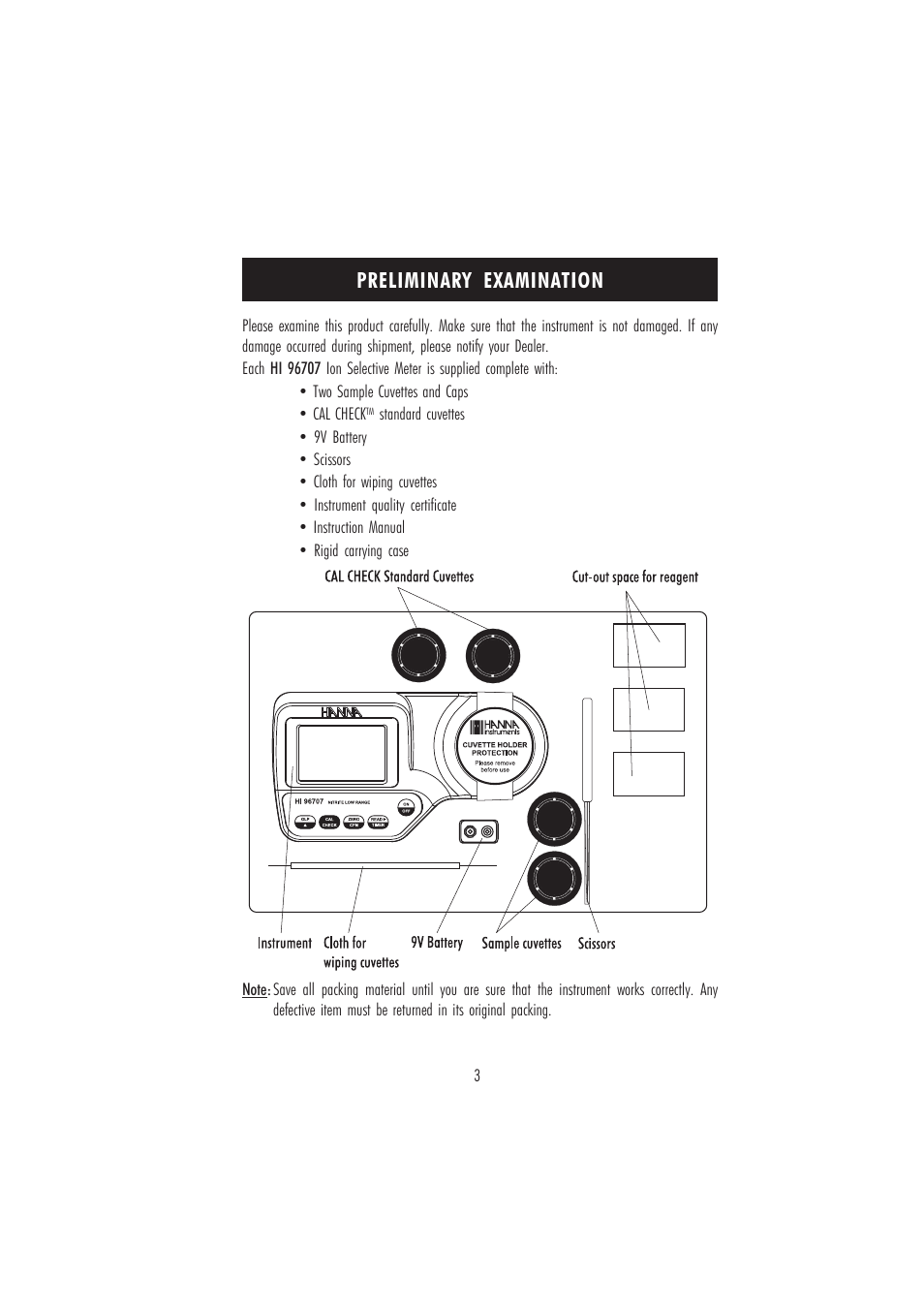 Preliminary examination | Hanna Instruments HI 96707C User Manual | Page 3 / 24