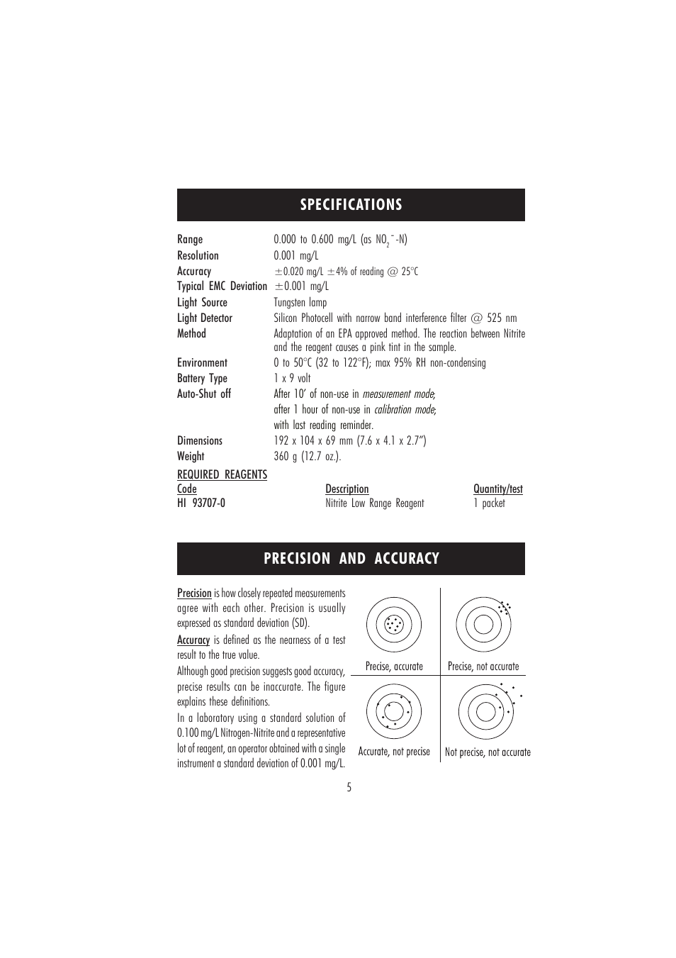 Specifications precision and accuracy | Hanna Instruments HI 96707C User Manual | Page 5 / 24