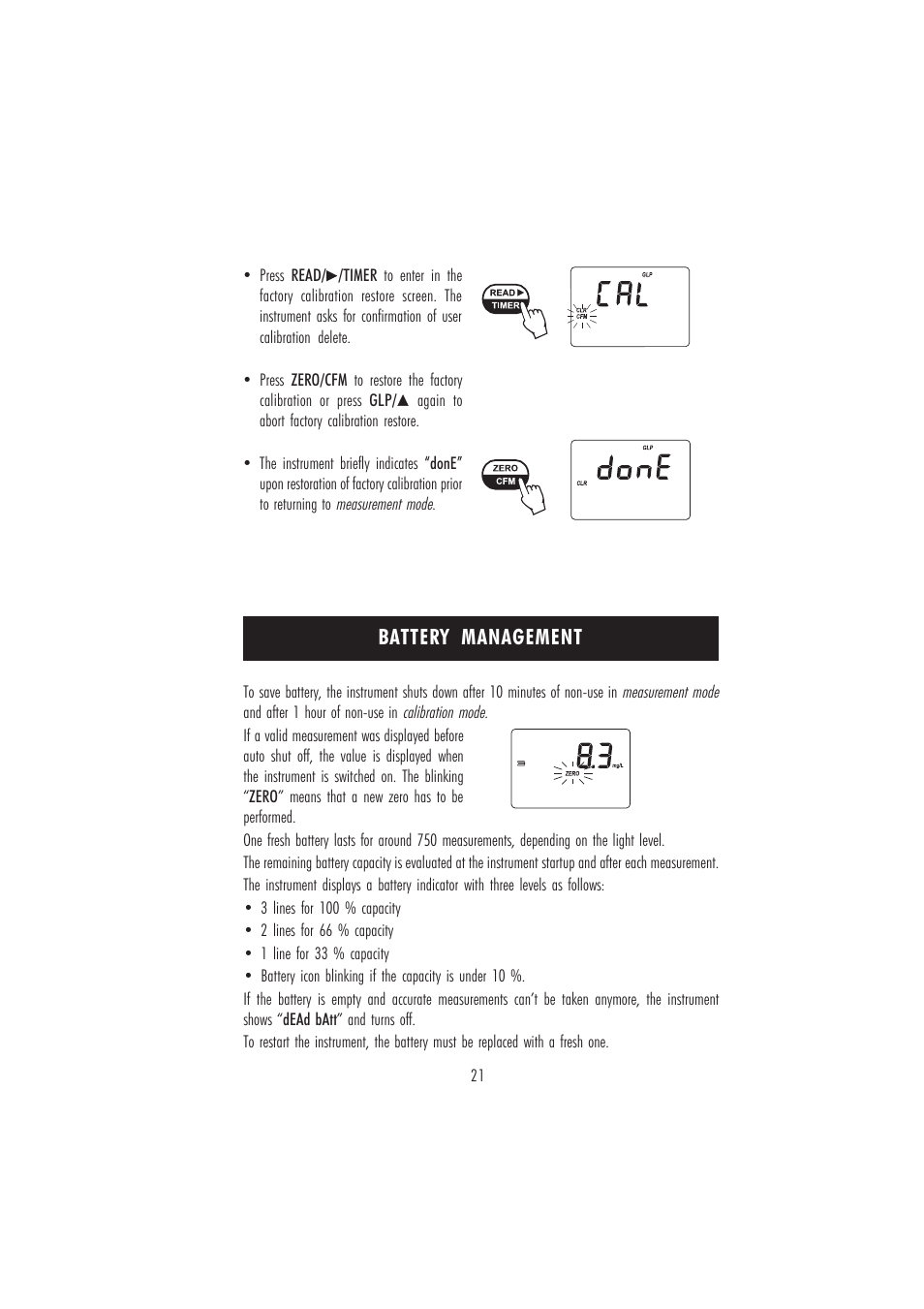 Battery management | Hanna Instruments HI 96706C User Manual | Page 21 / 24