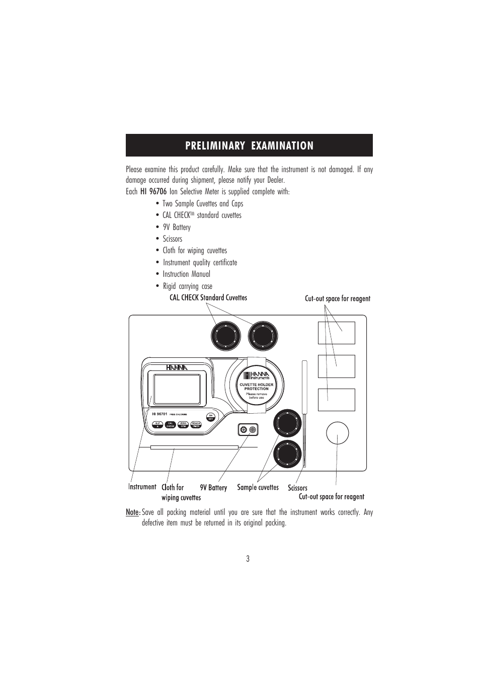 Preliminary examination | Hanna Instruments HI 96706C User Manual | Page 3 / 24