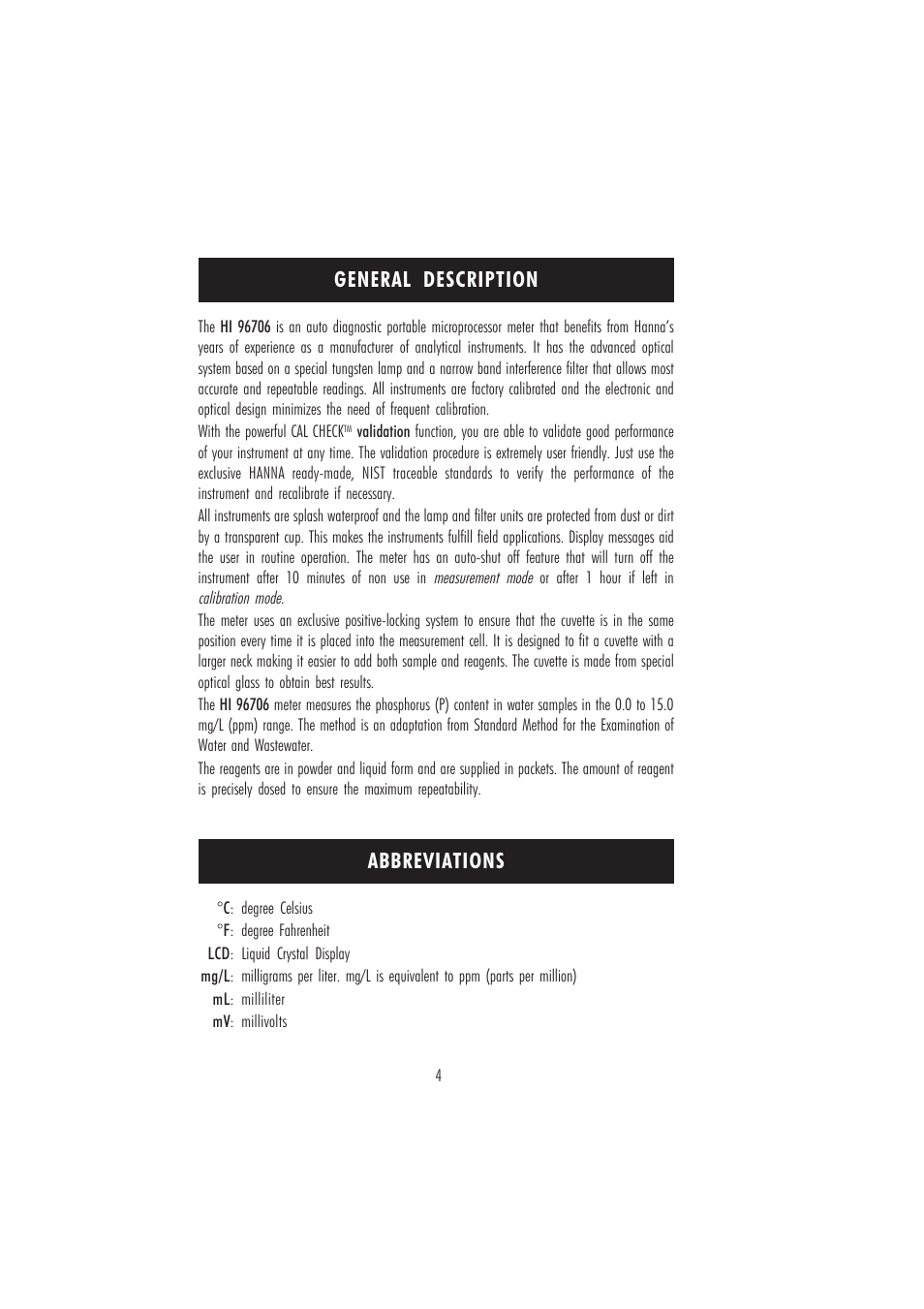 General description abbreviations | Hanna Instruments HI 96706C User Manual | Page 4 / 24
