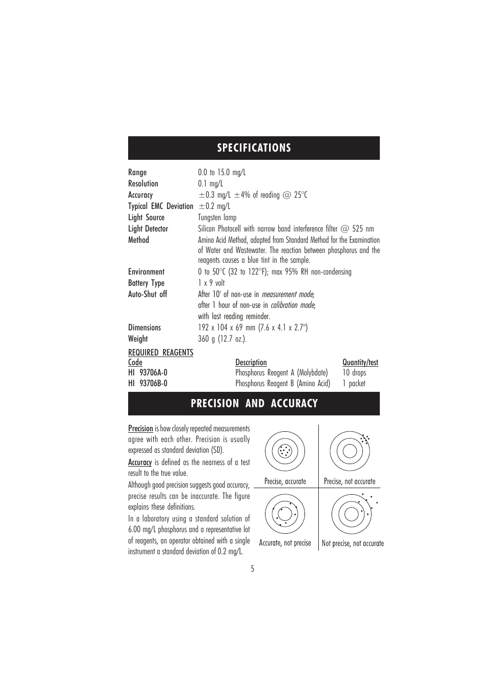 Specifications precision and accuracy | Hanna Instruments HI 96706C User Manual | Page 5 / 24