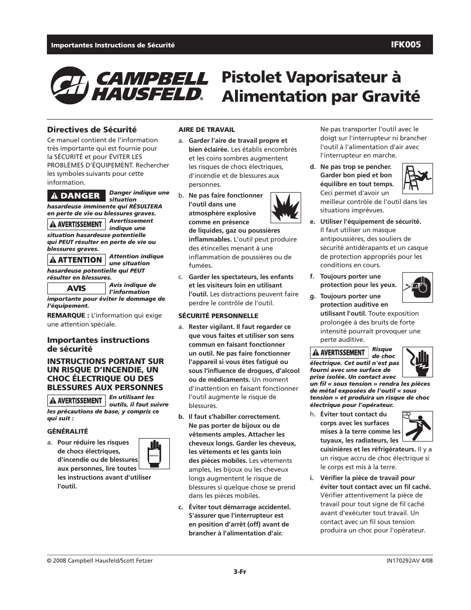 Pistolet vaporisateur à alimentation par gravité, Ifk005 | Campbell Hausfeld IFK005 User Manual | Page 3 / 8