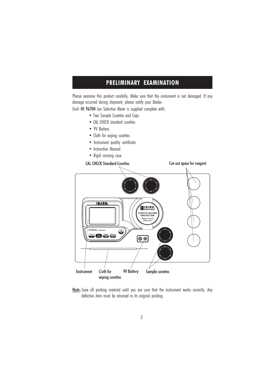 Preliminary examination | Hanna Instruments HI 96704 User Manual | Page 3 / 24