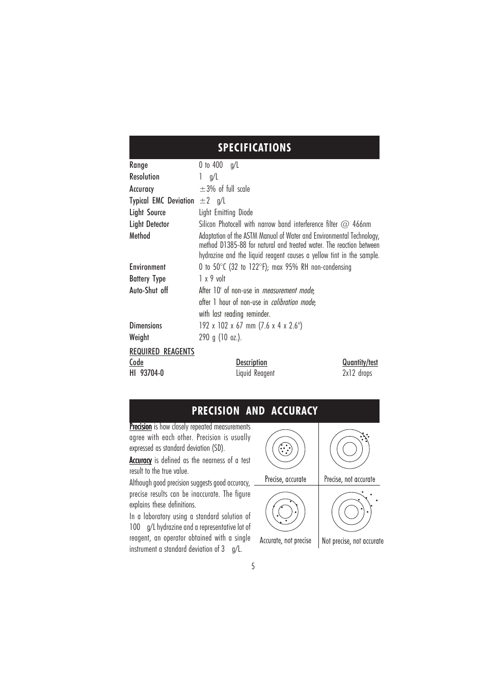 Specifications precision and accuracy | Hanna Instruments HI 96704 User Manual | Page 5 / 24