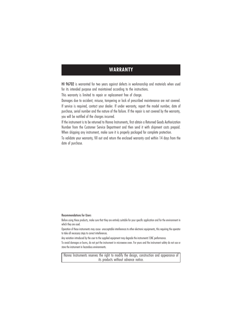 Warranty | Hanna Instruments HI 96702 User Manual | Page 23 / 24