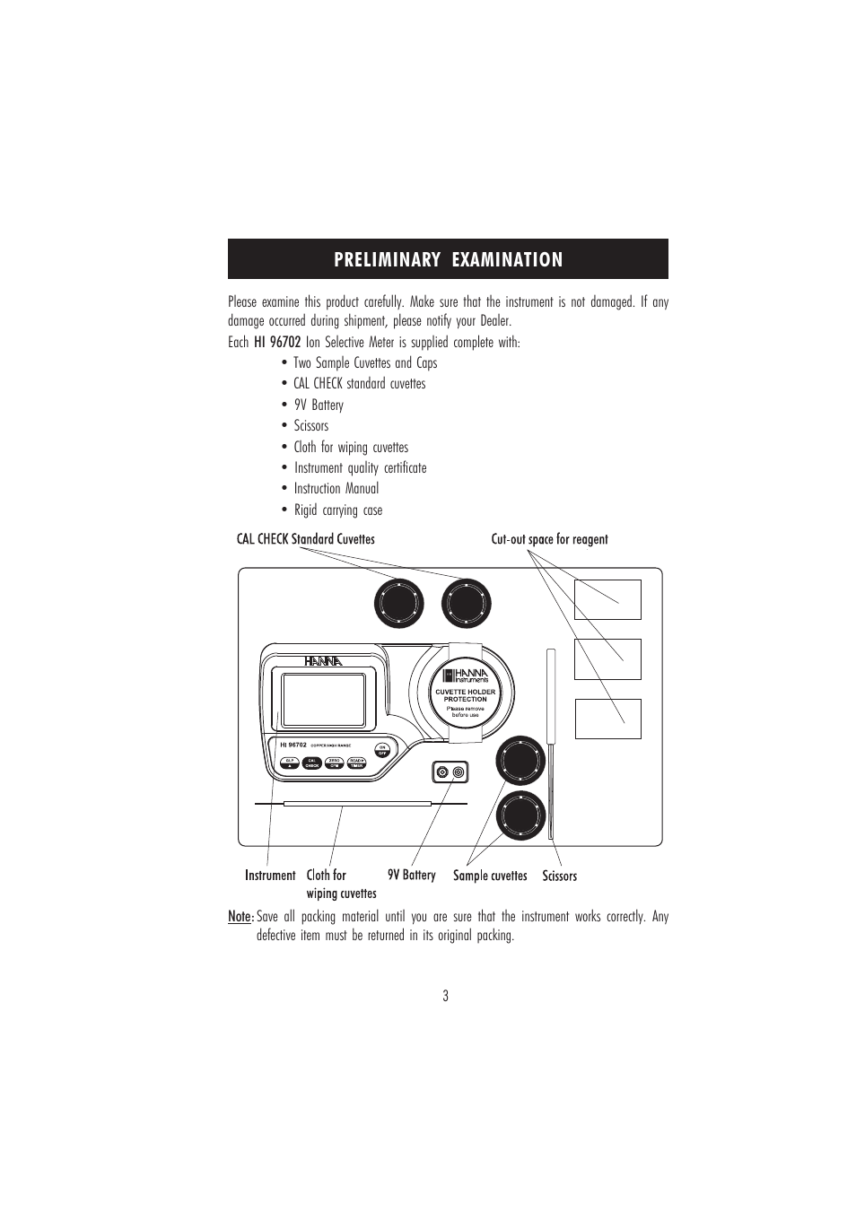 Preliminary examination | Hanna Instruments HI 96702 User Manual | Page 3 / 24