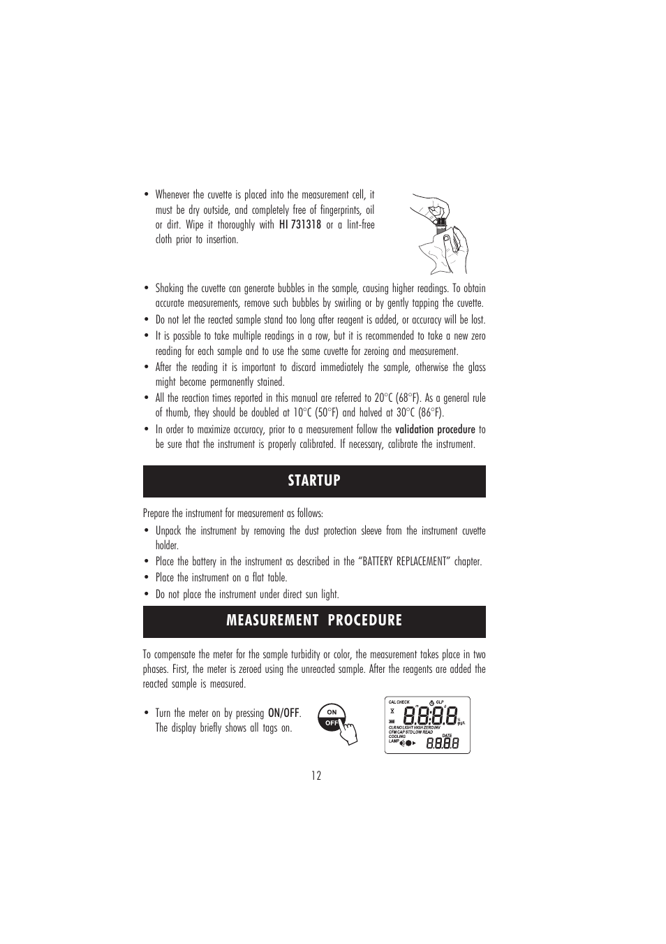 Measurement procedure, Startup | Hanna Instruments HI 96701C User Manual | Page 12 / 24