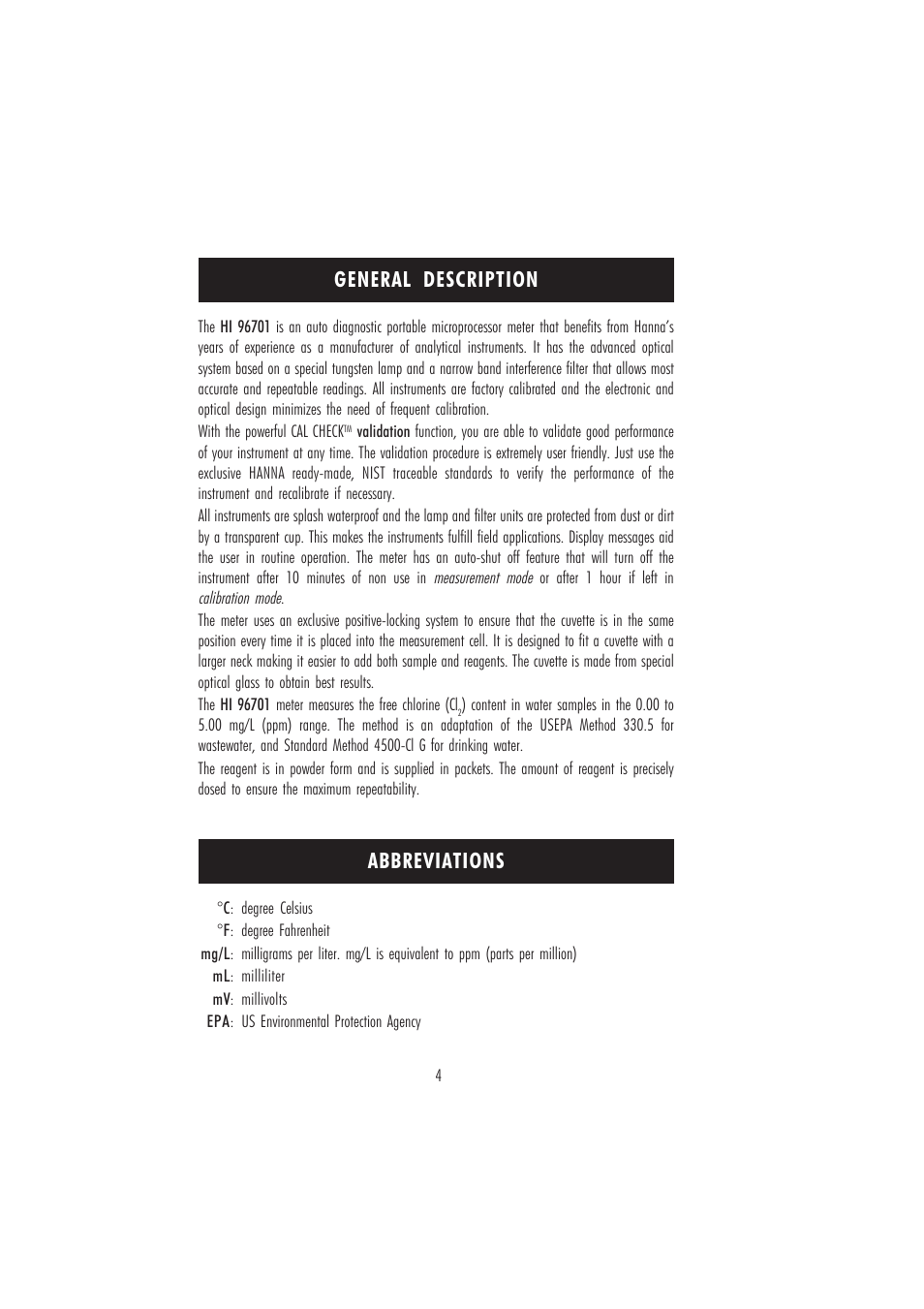 General description abbreviations | Hanna Instruments HI 96701C User Manual | Page 4 / 24