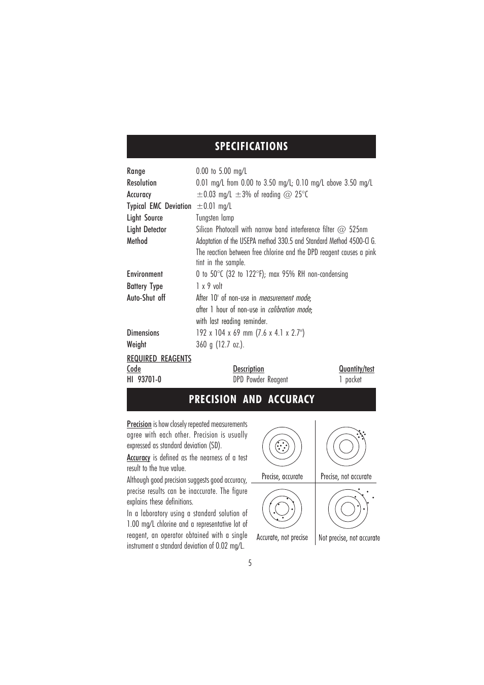 Specifications precision and accuracy | Hanna Instruments HI 96701C User Manual | Page 5 / 24