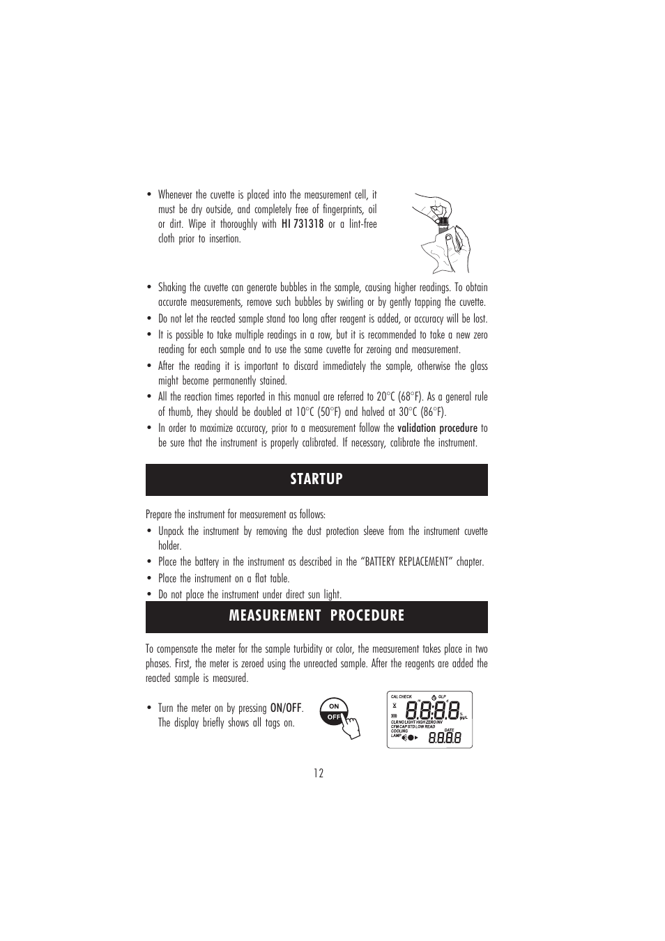 Measurement procedure, Startup | Hanna Instruments HI 96700 User Manual | Page 12 / 24