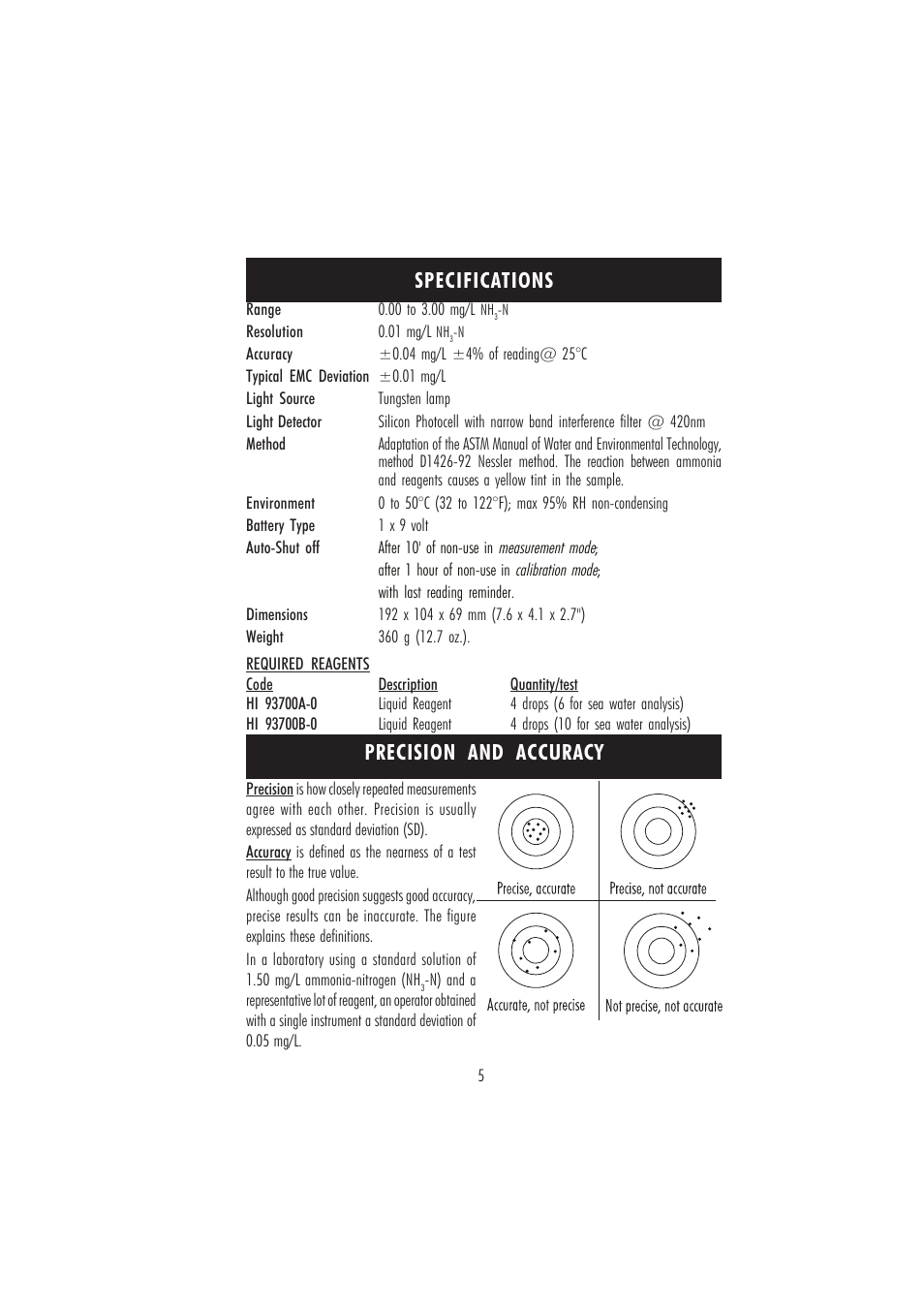 Specifications precision and accuracy | Hanna Instruments HI 96700 User Manual | Page 5 / 24