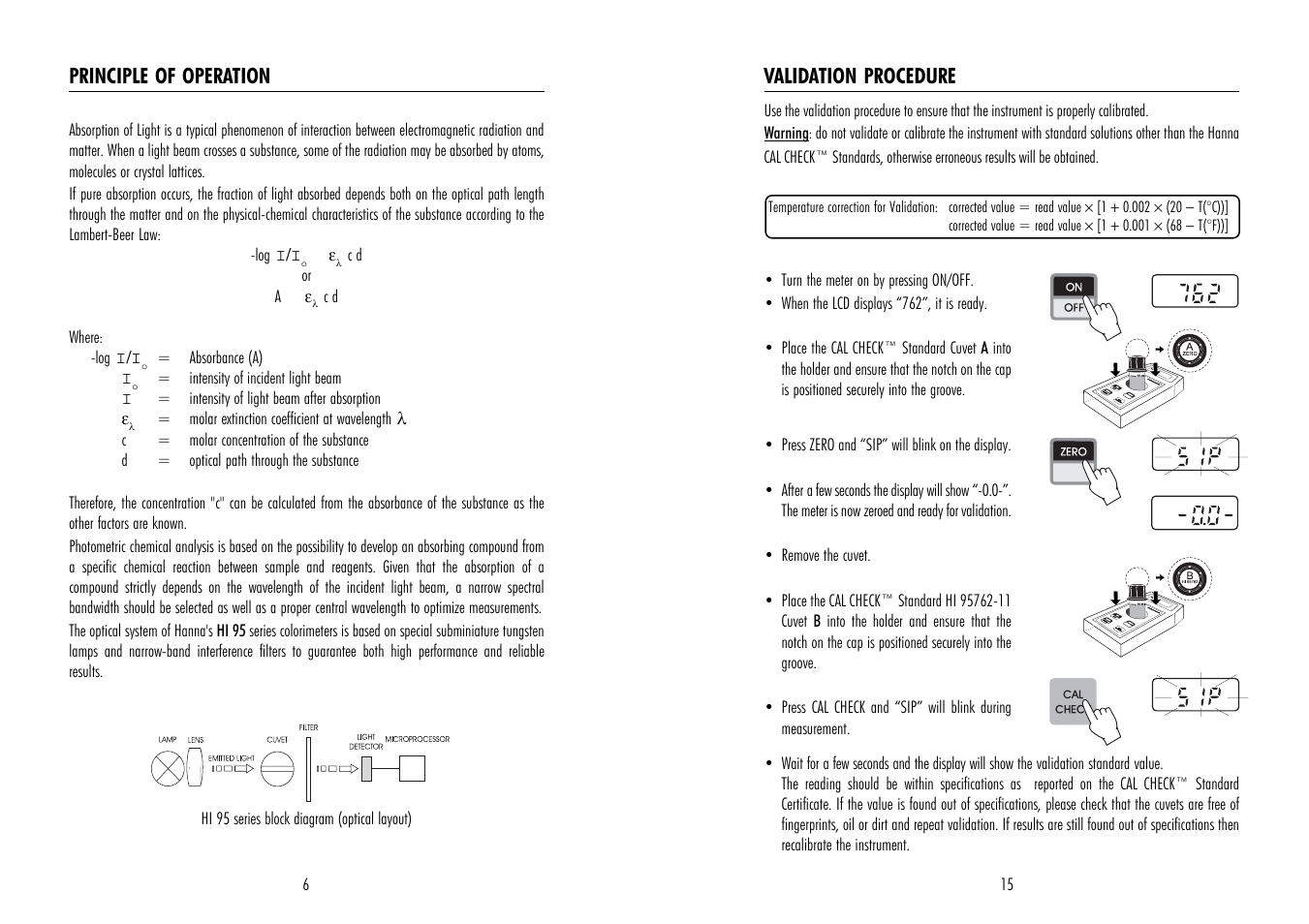 Principle of operation, Validation procedure | Hanna Instruments HI 95762 User Manual | Page 6 / 10