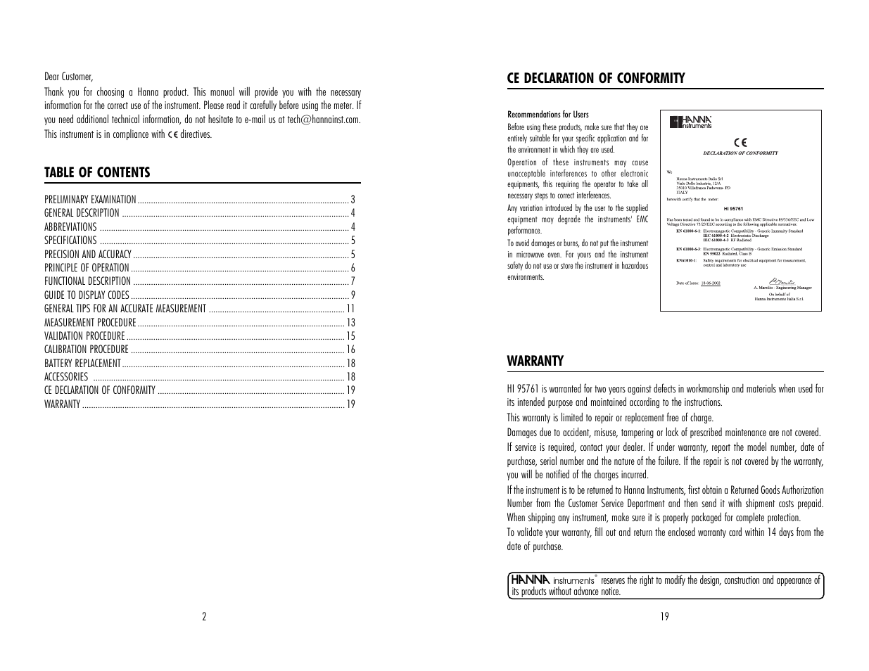 Hanna Instruments HI 95761 User Manual | Page 2 / 10