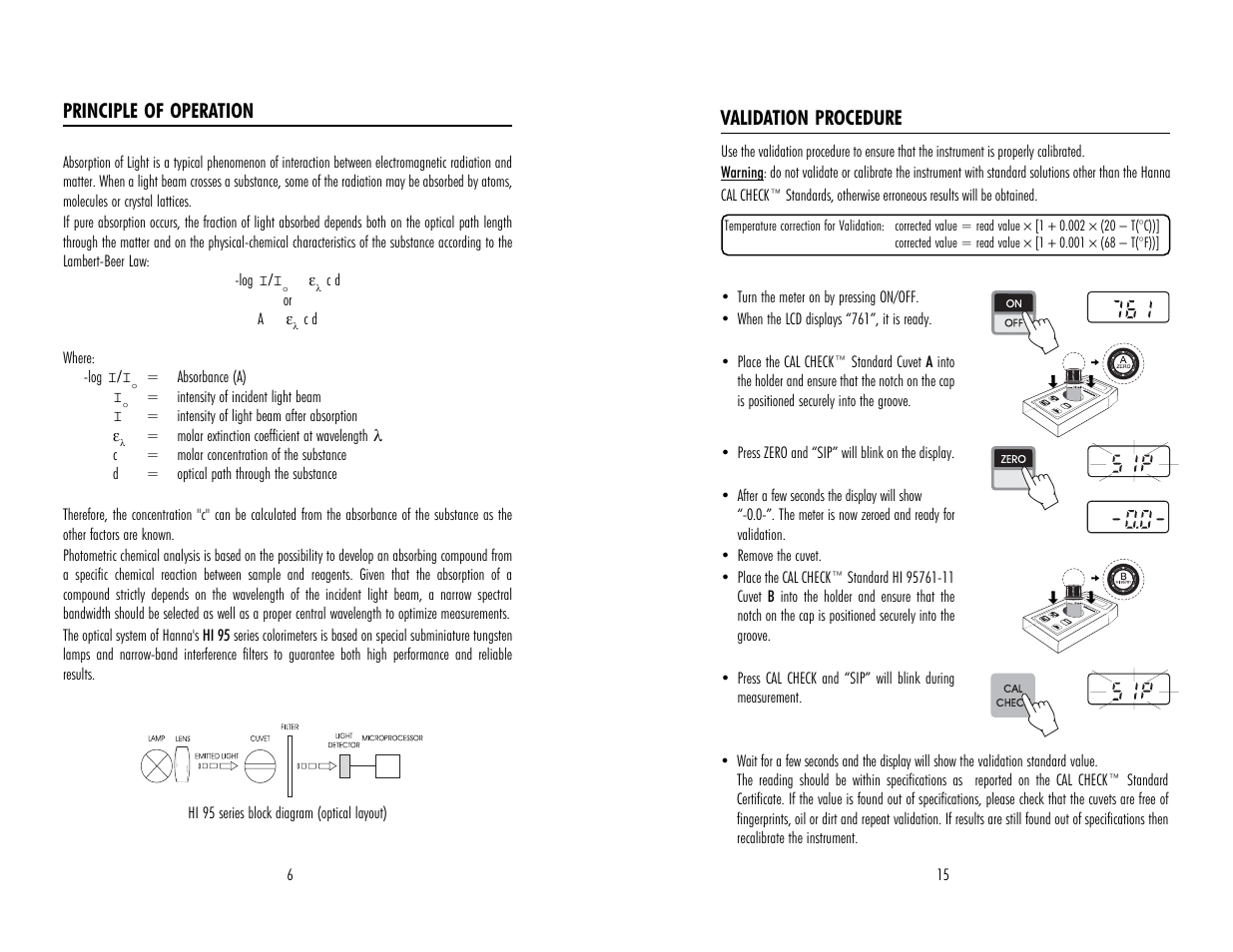 Principle of operation, Validation procedure | Hanna Instruments HI 95761 User Manual | Page 6 / 10