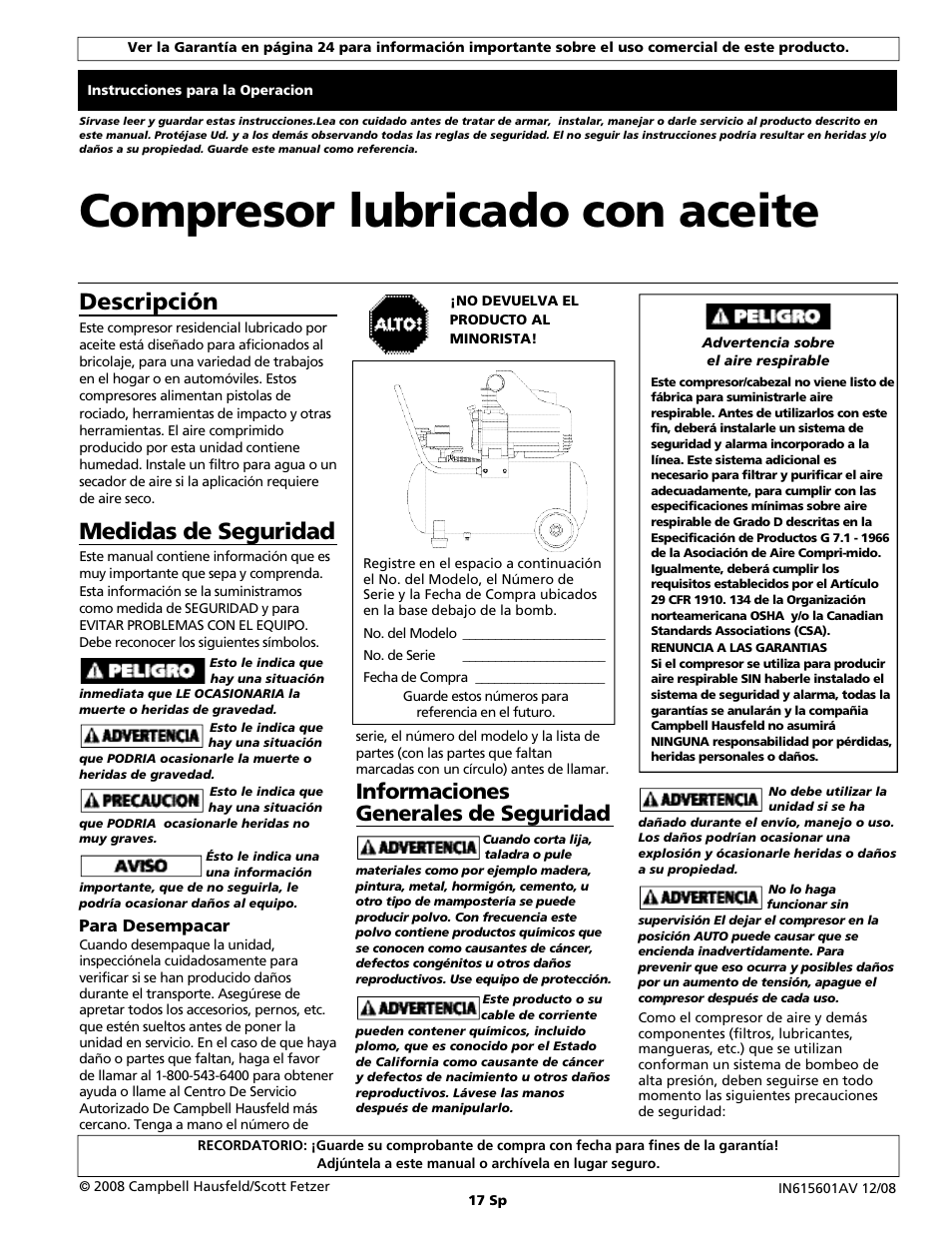 Medidas de seguridad | Campbell Hausfeld IN615601AV User Manual | Page 17 / 24