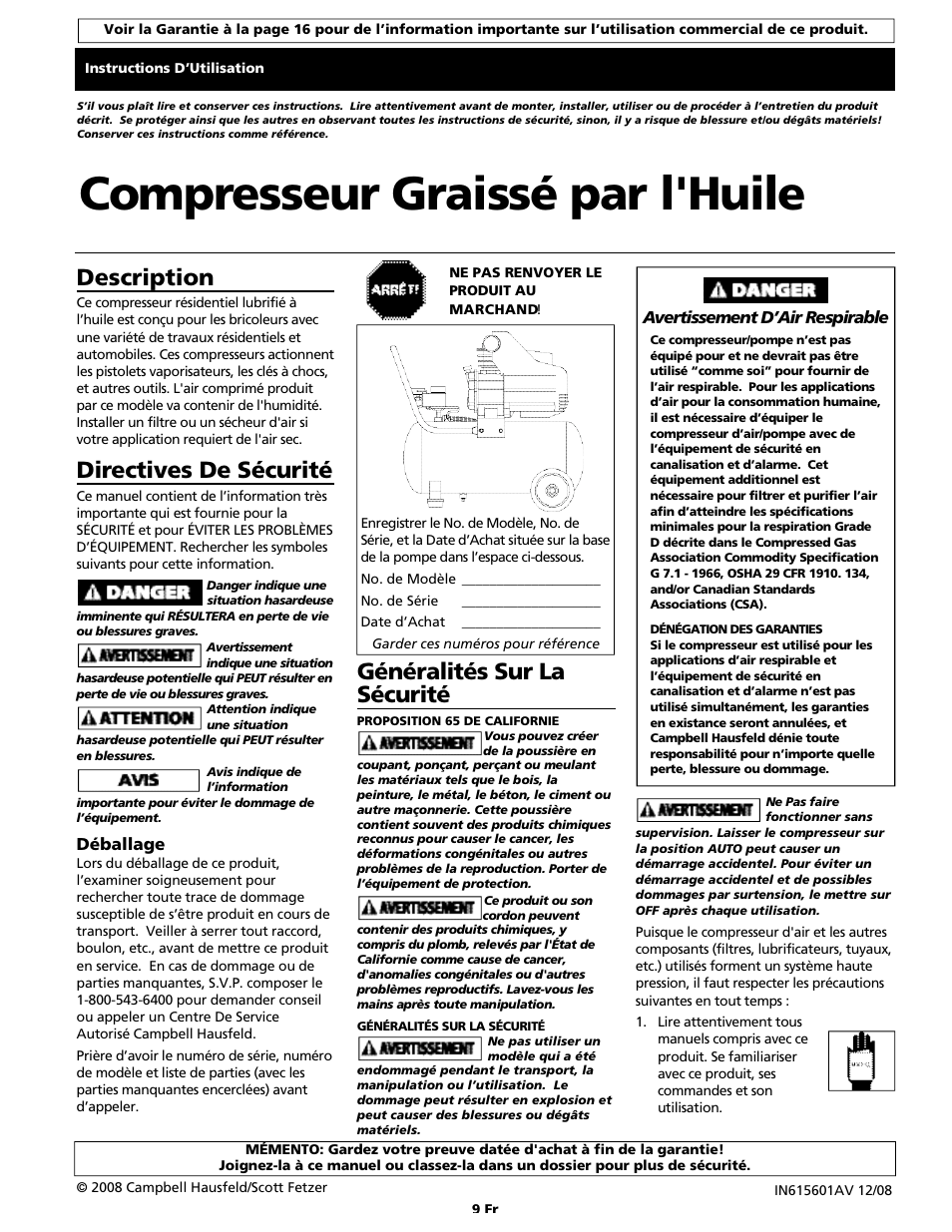Généralités sur la sécurité, D i rectives de sécurité | Campbell Hausfeld IN615601AV User Manual | Page 9 / 24